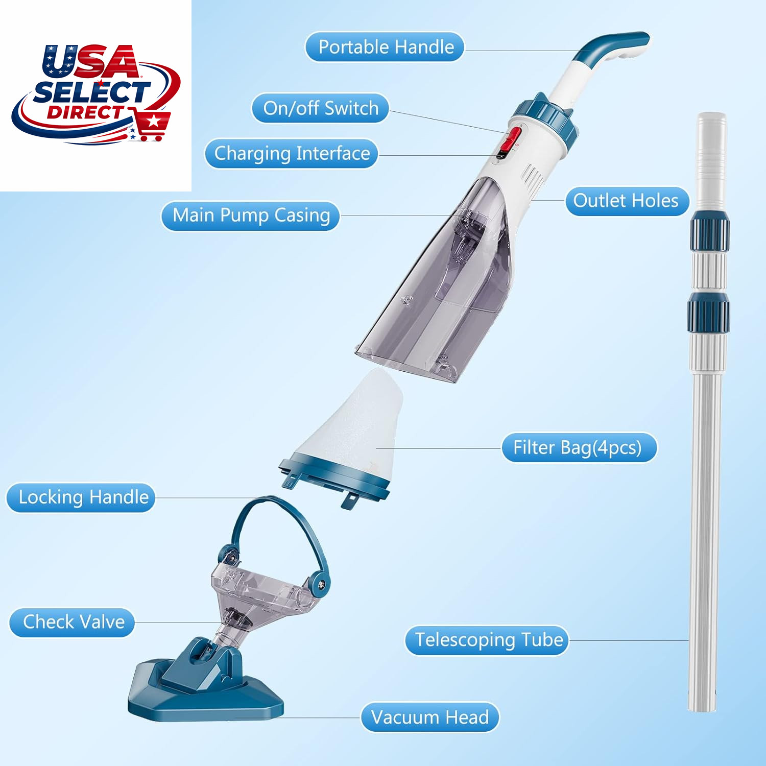 Handheld Pool Vacuum with Telescopic Pole, Rechargeable, 60 Min Run Time
