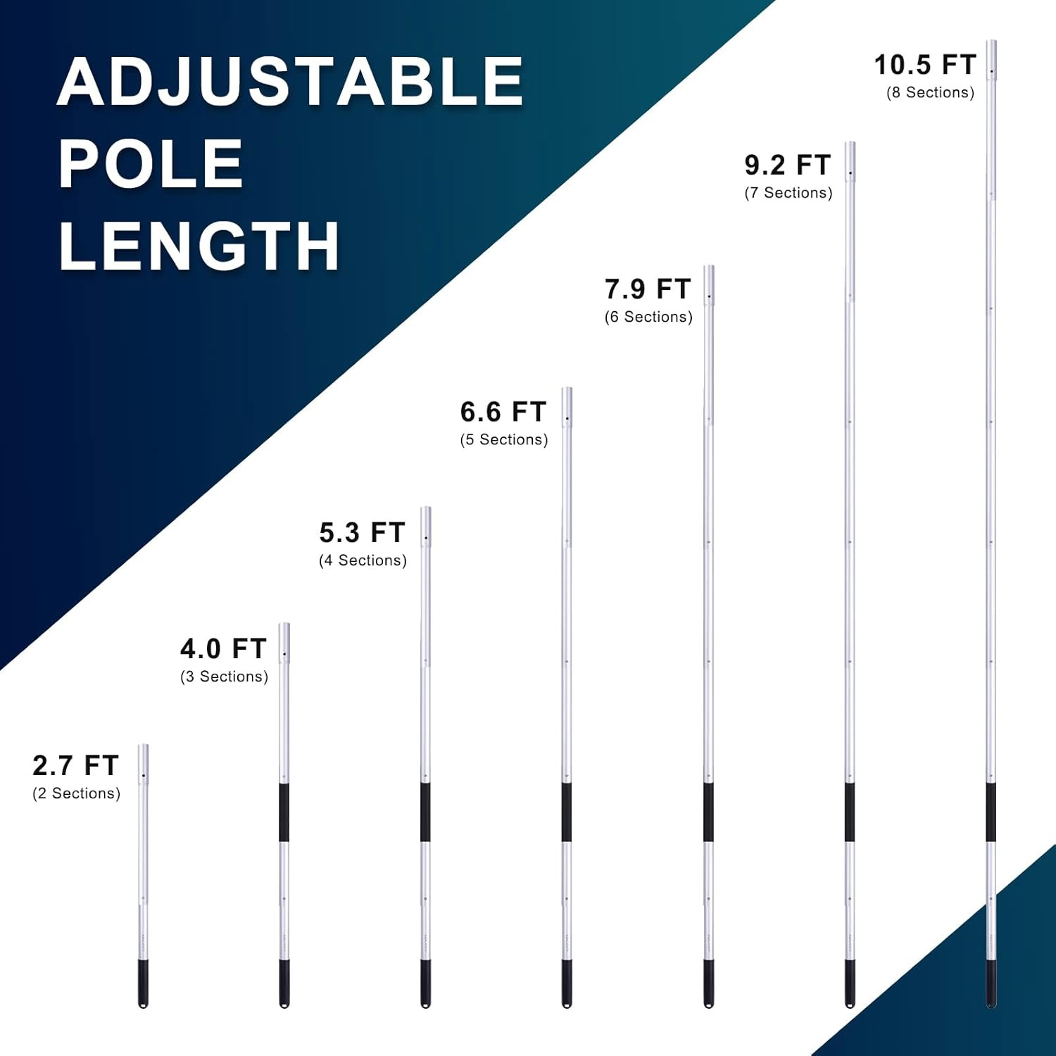 Dual-Handle Anodized Aluminum Telescopic Pool Pole, 10.5 Ft
