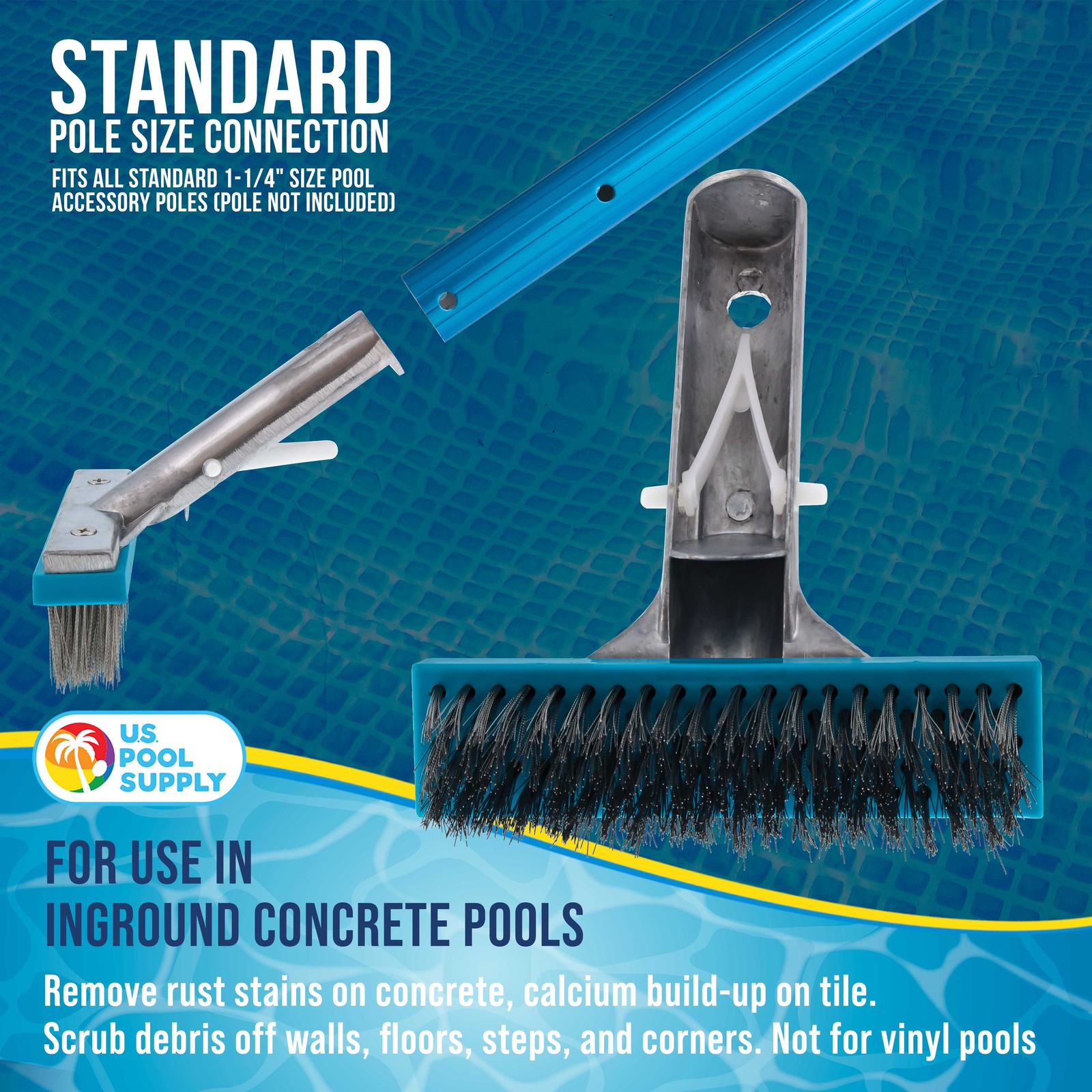 5&Prime; Stainless Steel Wire Bristle Pool Brush, Clean Concrete Rust, Tile Calcium