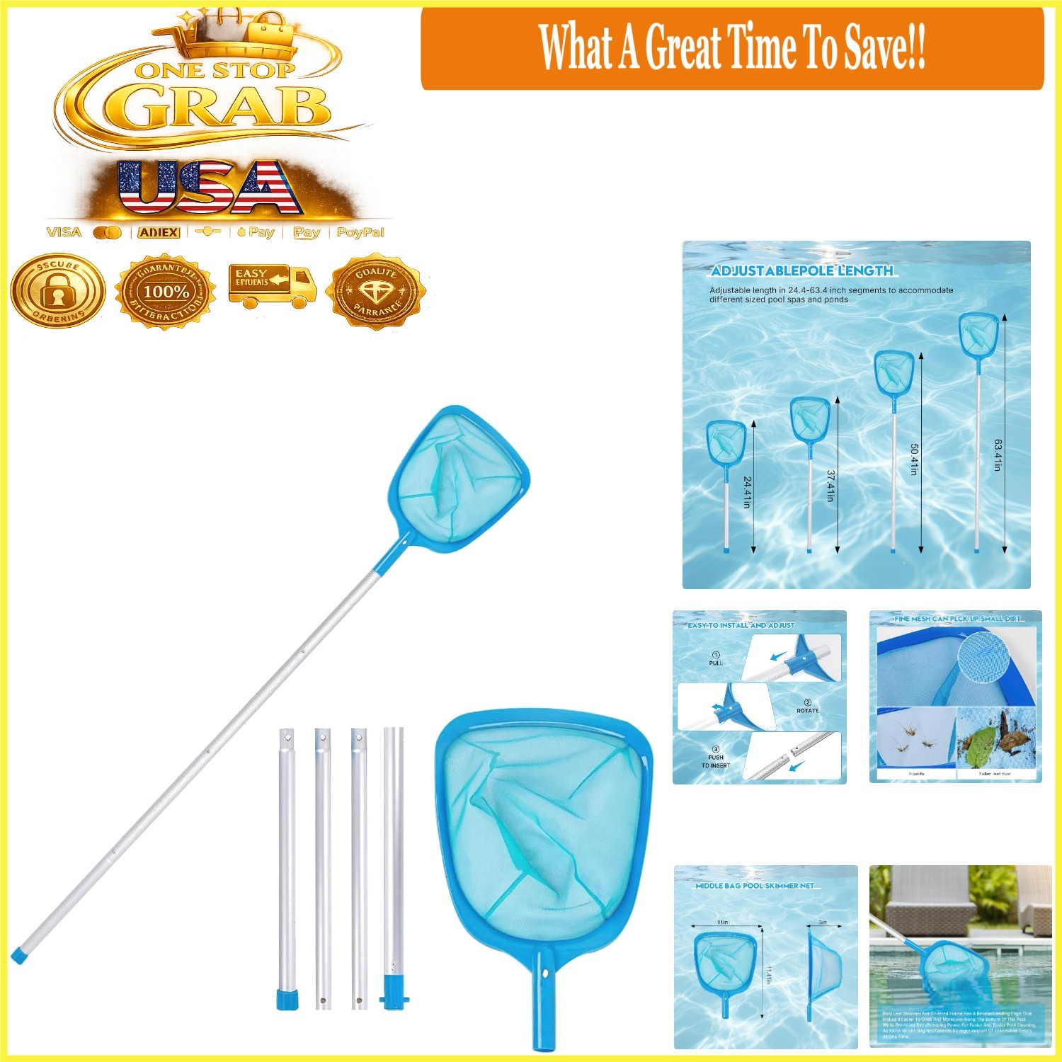Adjustable Pool Skimmer with Fine Mesh, Aluminum Pole for Inground & Above-Gr…
