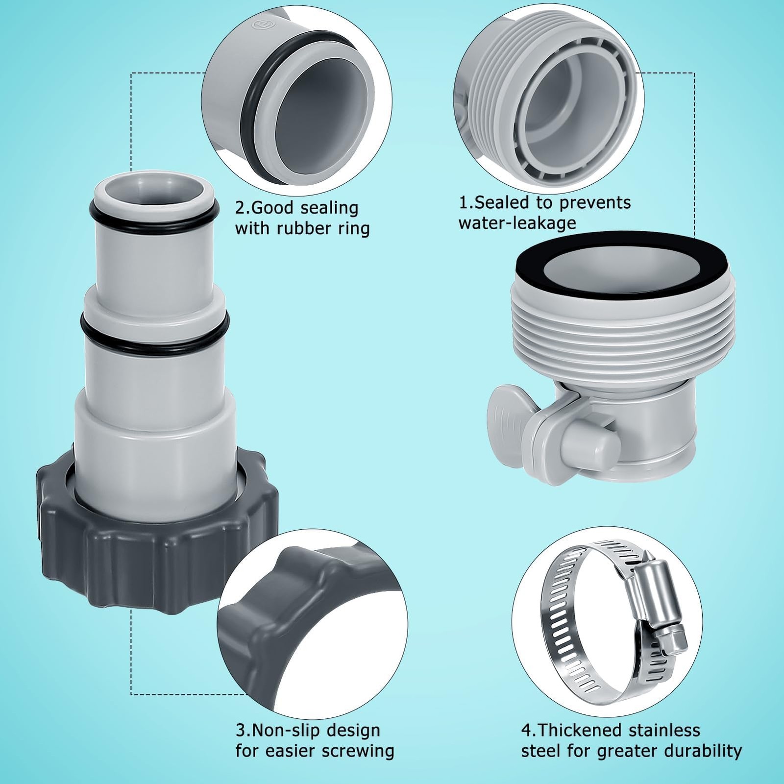 Pool Hose Adapter Type A & B for 1.25 and 1.5 Inch 2 3/8 inches, Grey, Black