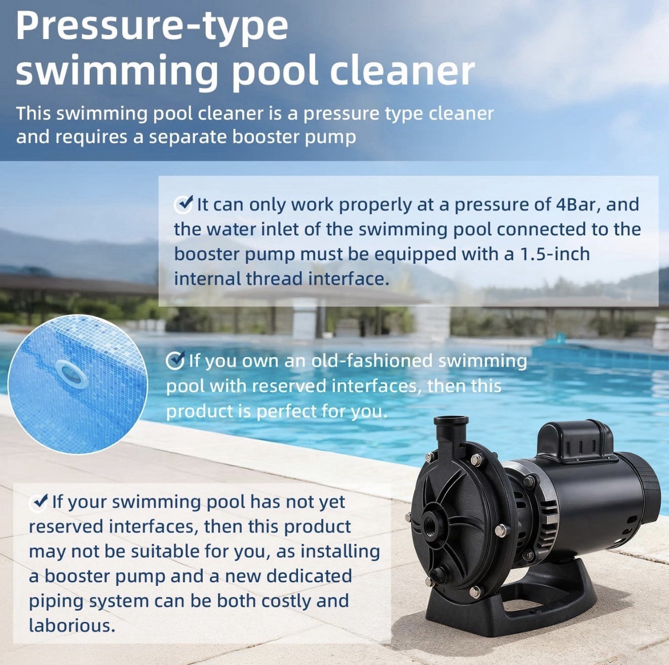 MAKHOON Pool Pressure Side Sweeper Cleaner for Swimming Pools 4-Wheel 4 Bar