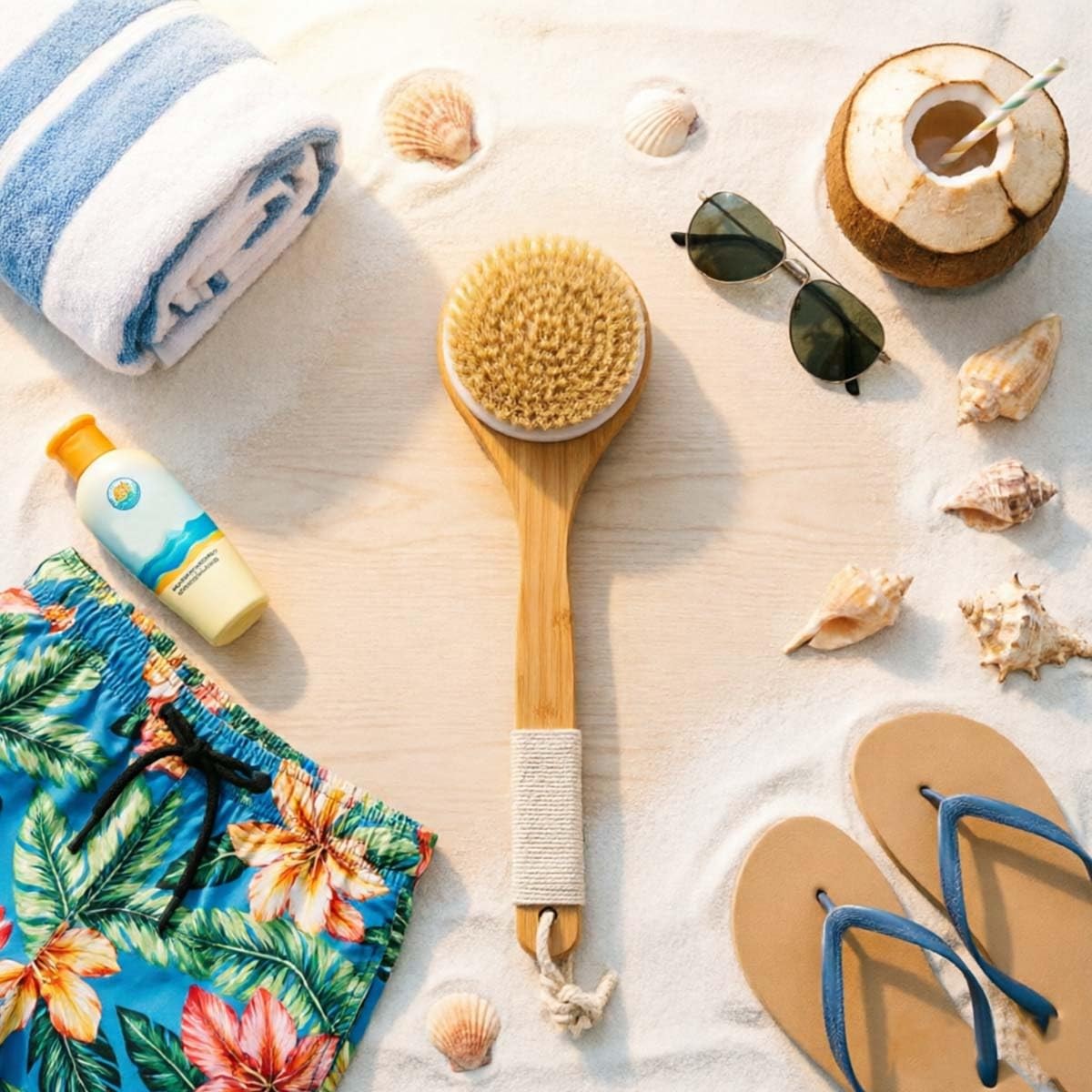 Long Handle Bamboo Body Brush, Soft Bristles for Shower Back & Feet, Beach Sa…