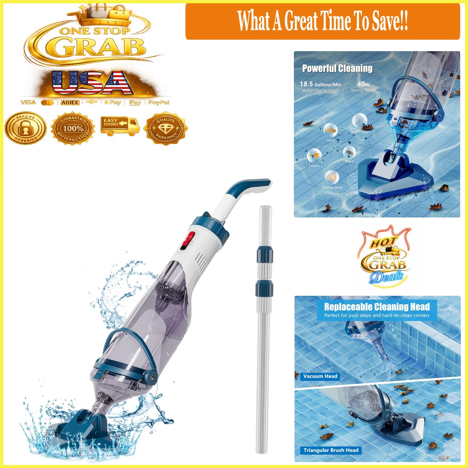 Battery Powered Pool Vacuum Handheld Telescopic Pole 18.5GPM Blue