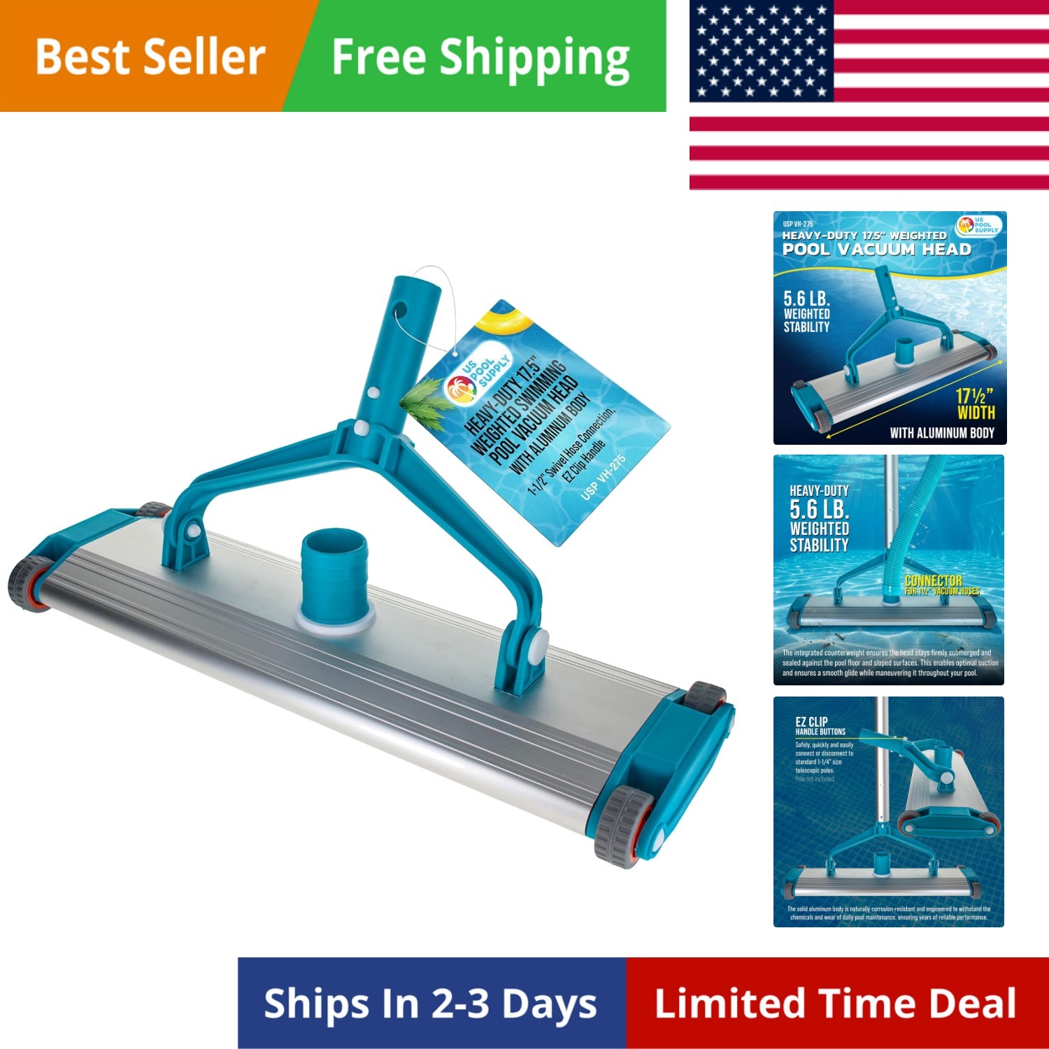 Heavy-Duty 17.5&Prime; Weighted Pool Vacuum Head with Aluminum Body – 5.6 lb Manual…