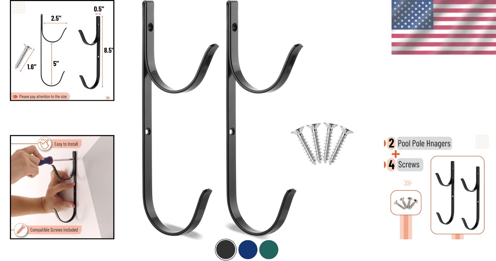 Effortless Installation Pool Pole Hangers – 2 Pack, Black Aluminum Durability