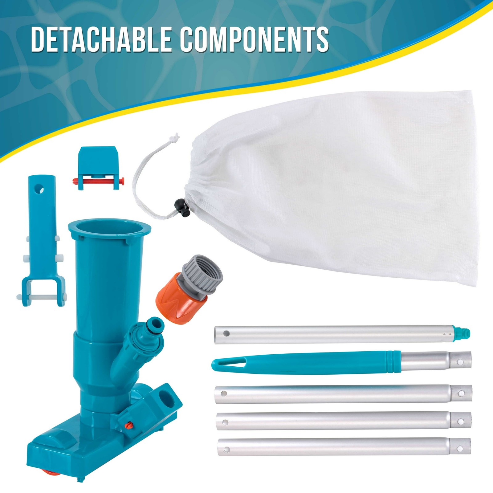 Jet Pool Vacuum Cleaner w/ 5 Section Pole Leaf Bag for Pools & Spas