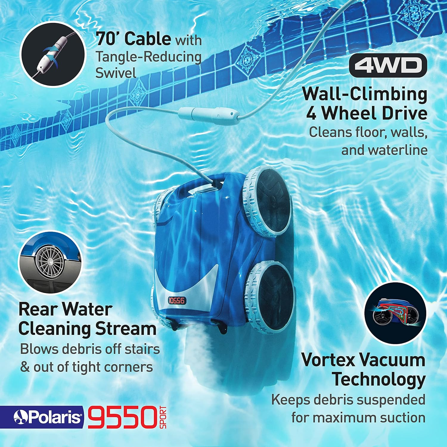 Polaris 9550 Sport Robotic Pool Cleaner, Automatic Vacuum for Inground Pools up