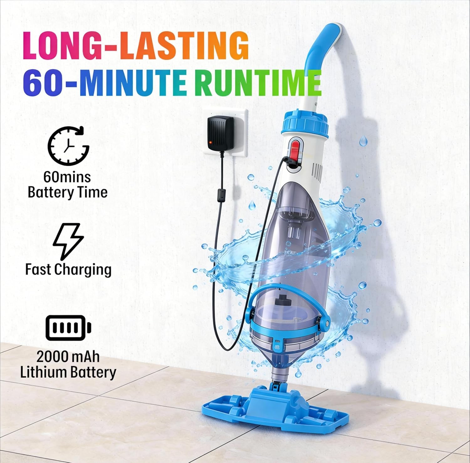 Handheld Pool Vacuum Portable Cordless Rechargeable Swimming Pool Cleaner + Pole