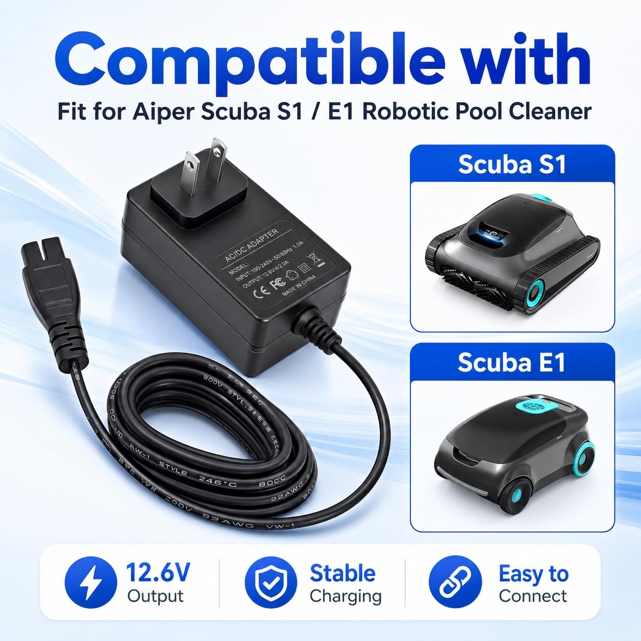 12.6V 1A Charger with Aiper Seagull SE, Seagull 600 800 800B 1000 1500 P1111 …
