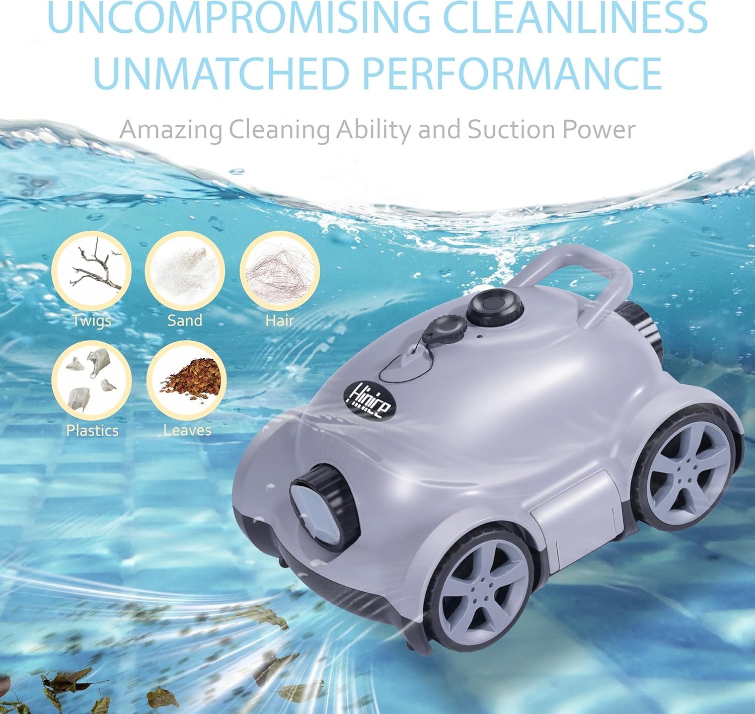 Hinice Cordless Robotic Pool Cleaner Automatic Vacuum 150 Min 2200 Sq.Ft. Gray