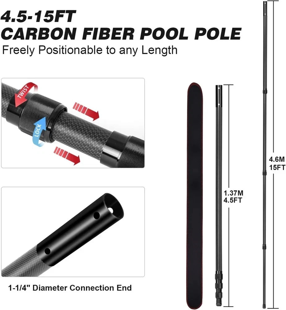 15FT Carbon Fiber Telescopic Pool Pole – Heavy Duty Cleaning & Skimming Tool