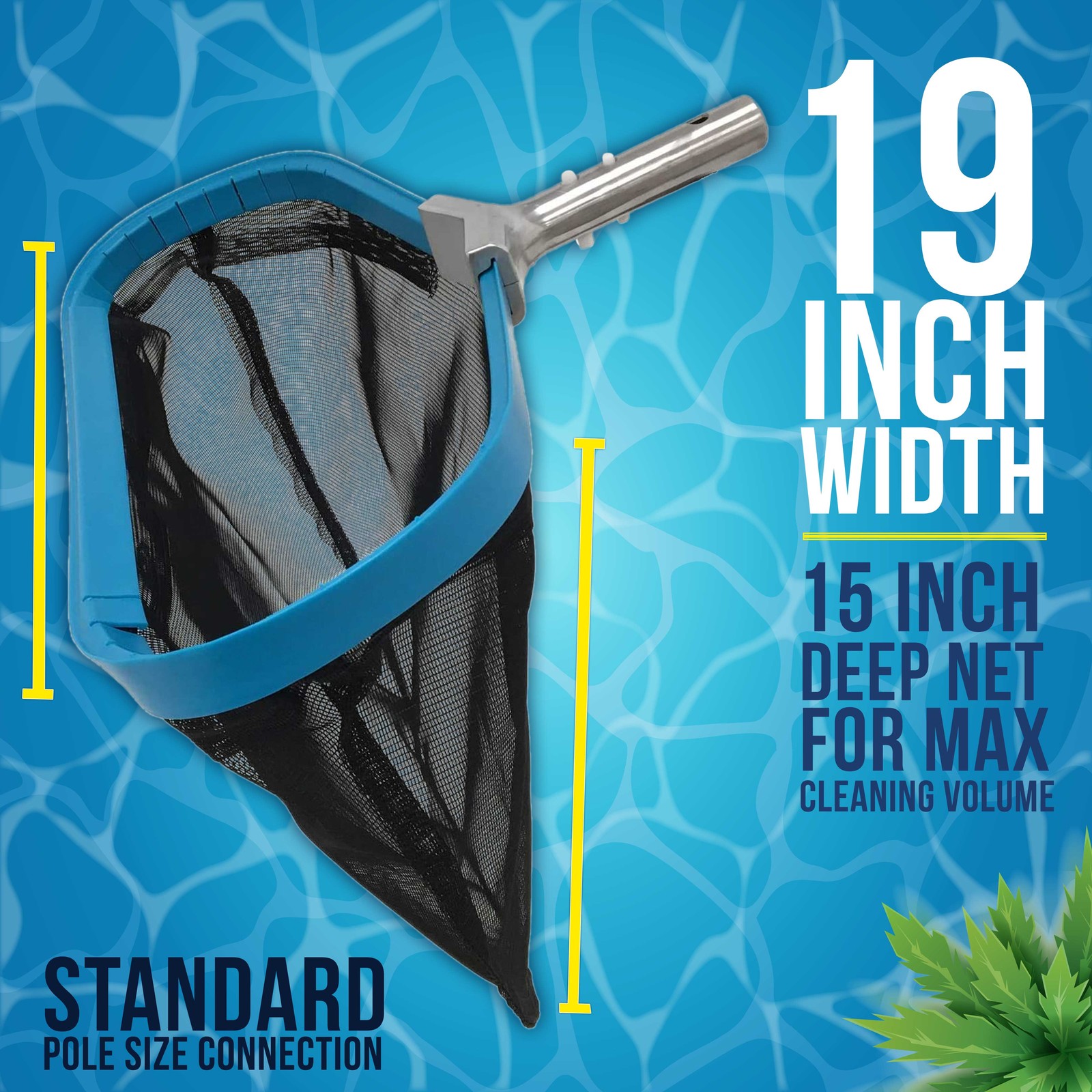 Pro HD 19&Prime; Swimming Pool Leaf Skimmer Rake Strong Aluminum Handle Deep Net Bag