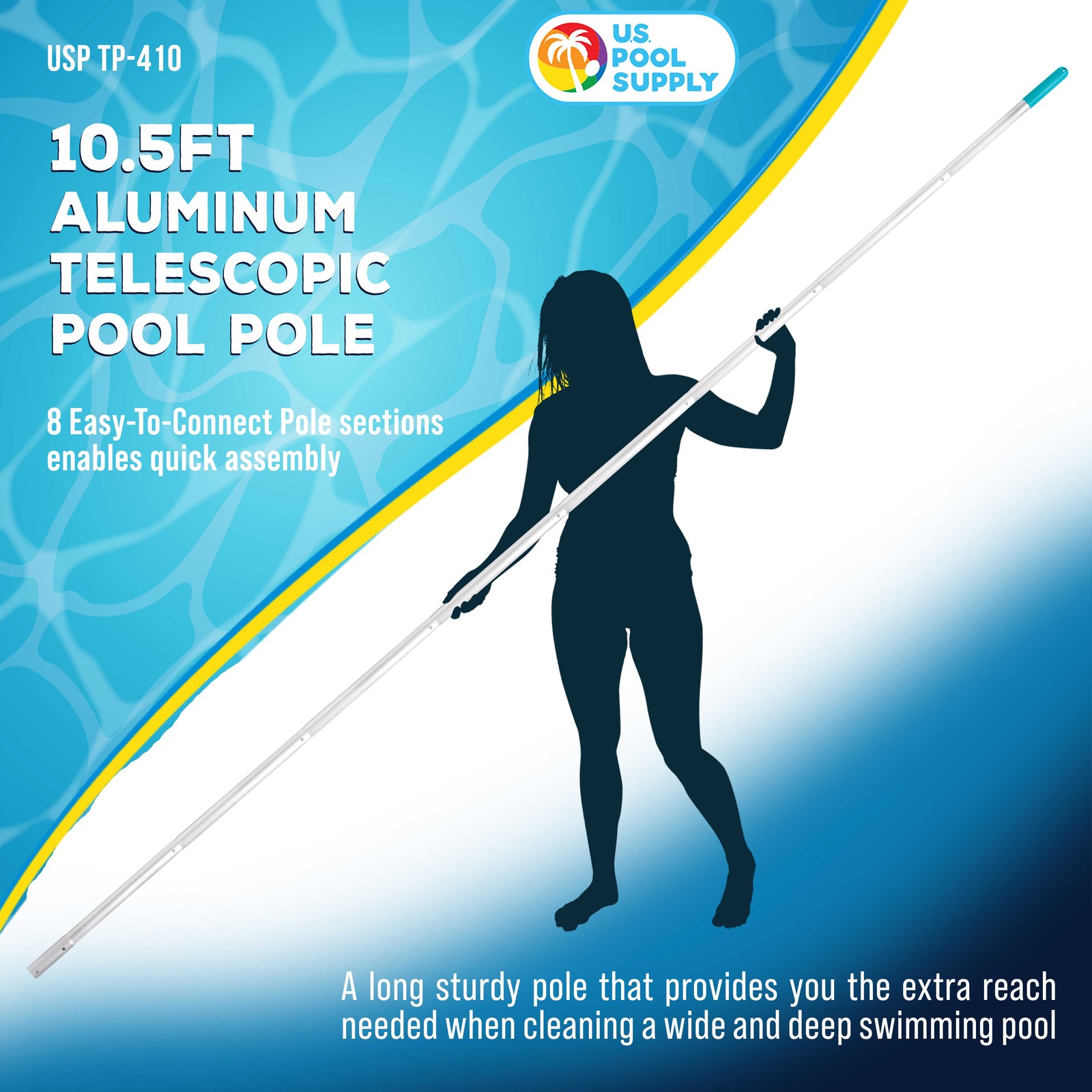 10.5 Foot Aluminum Telescopic Swimming Pool Pole, 8 Sections, Attach Accessories