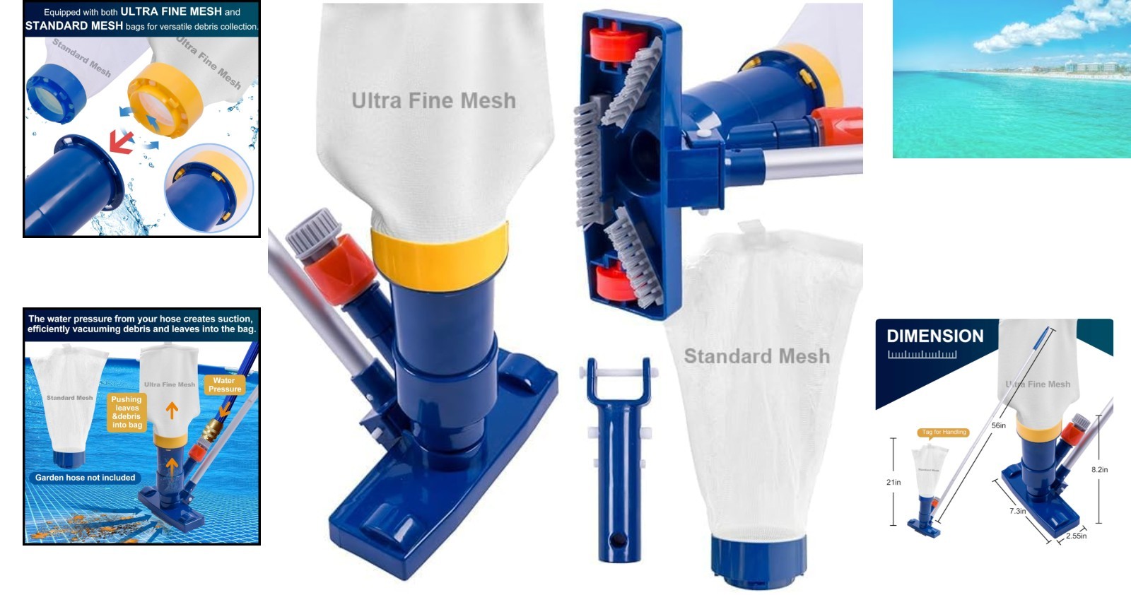 Manual Pool Vacuum with 56&Prime; Aluminum Pole & Fine Mesh Bag – Effortless Cleaning!