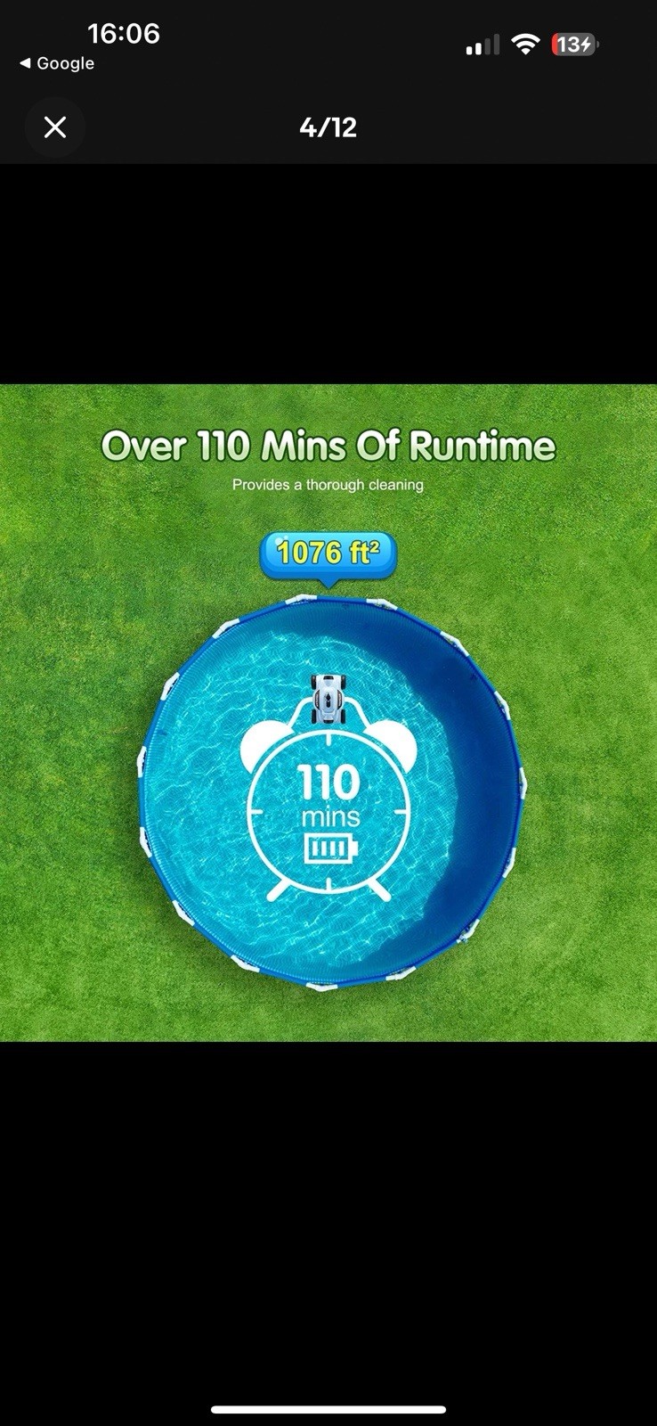 Robotic Pool Cleaner 110 Mins Auto-Parking Rechargeable Automatic 50 Feet Blue