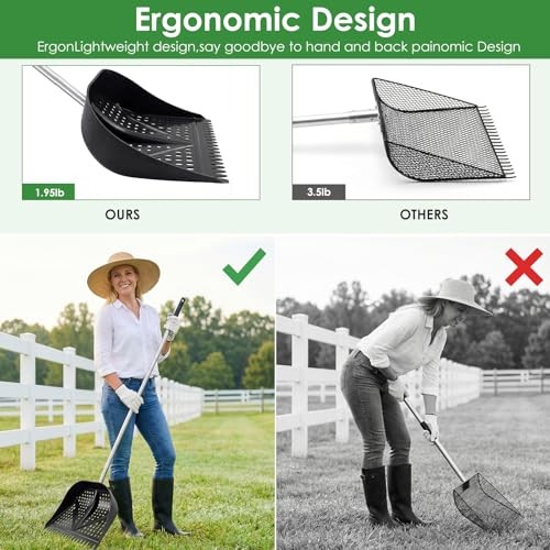 Heavy-Duty Yet Lightweight Chicken Poop Scooper & Rake 2-in-1, Adjustable Black