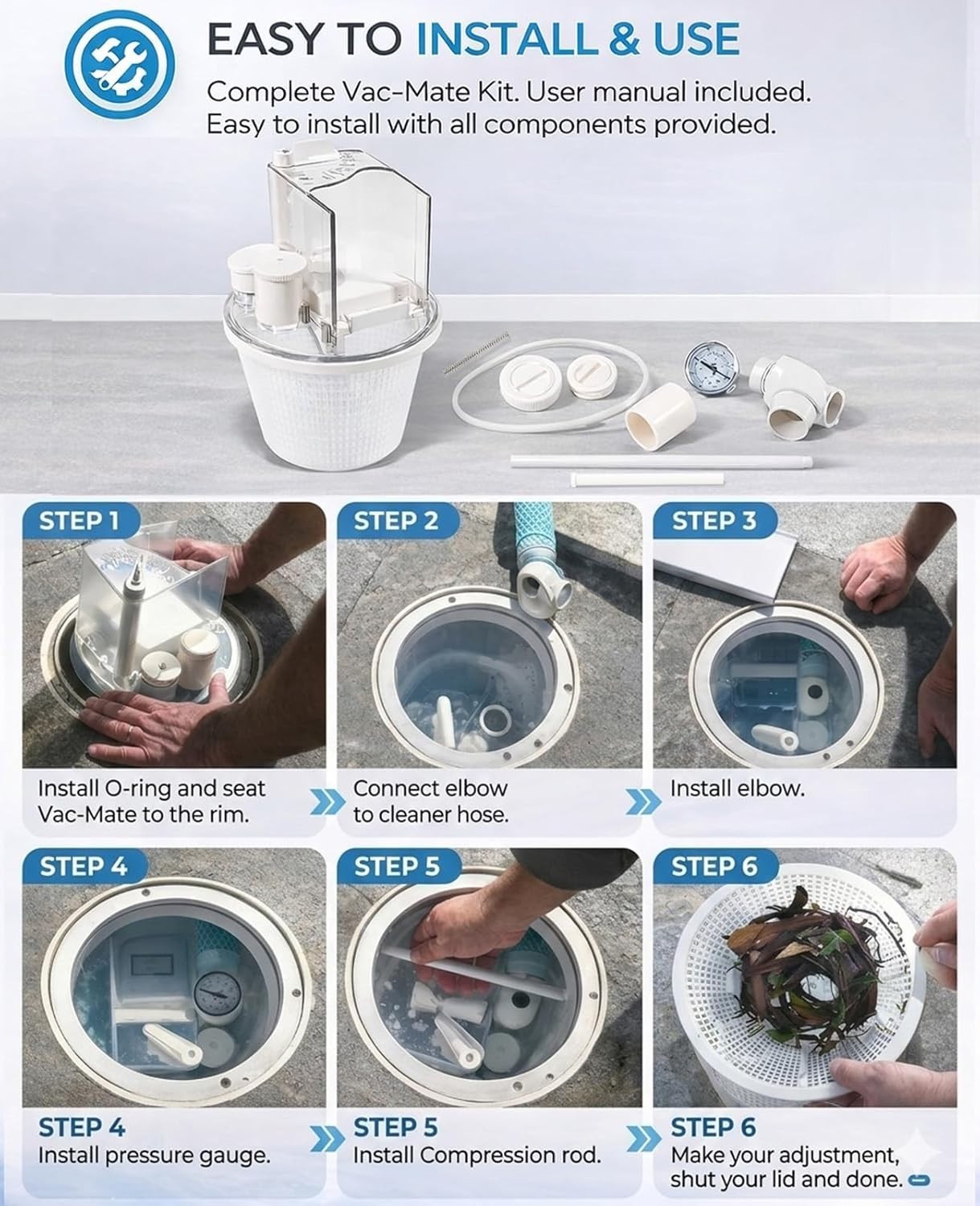 Multi-Function Pool Vacuum Attachment with Easy Installation and Pressure Gauge