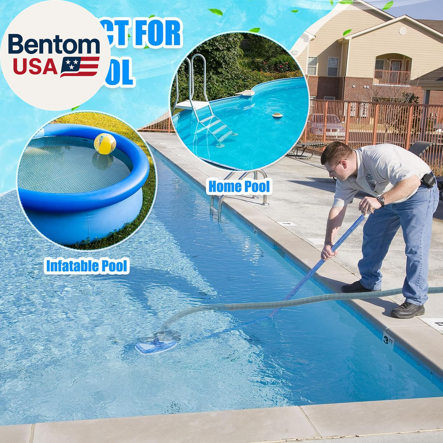4 Pcs Swimming Pool Vacuum Kits 11.8&Prime; Vacuum Head with 1-1/2&Prime; X 29.5 Ft Hoses, 1