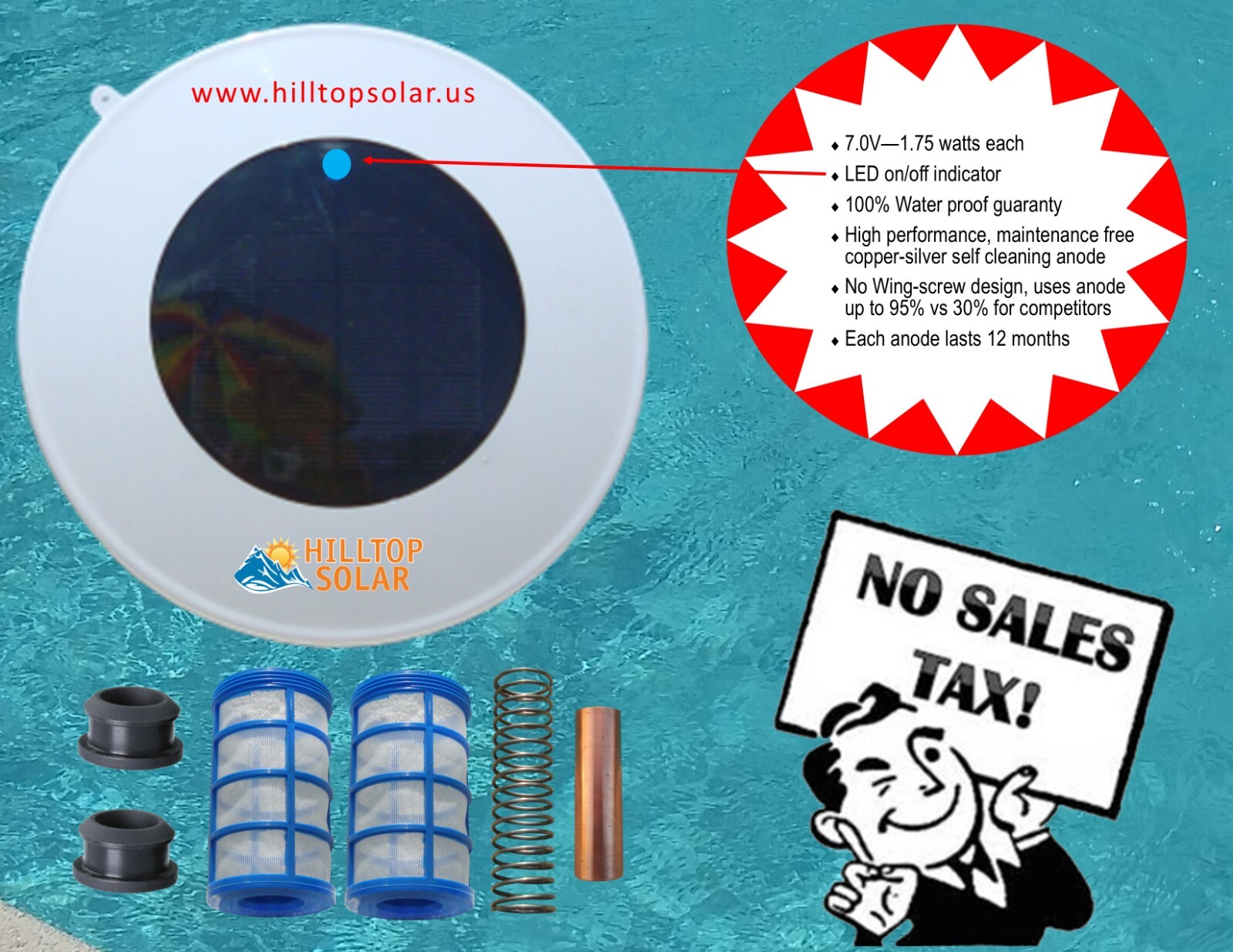 Solar Pool Ionizer | Self cleaning anode | 100% water proof | 7.0V – 1.75 watts