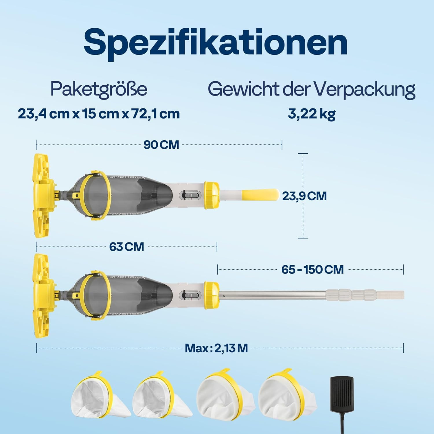 Cordless Pool Vacuum with Telescopic Pole, Powerful Suction up to 18.5 GPM, 60 M