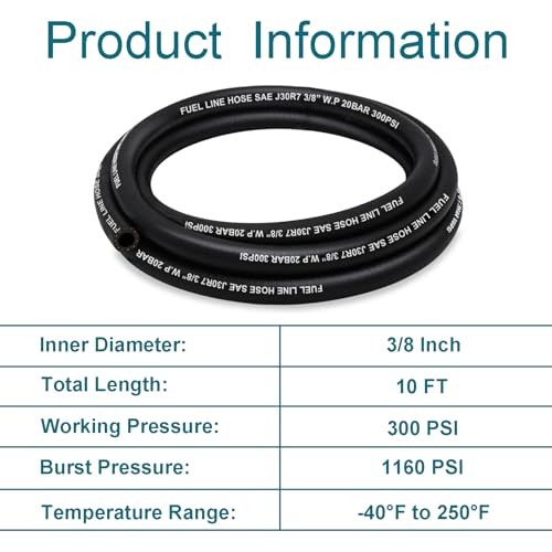 Fuel Line 3/8 Inch ID, Fuel Hose 10FT, J30R7 Fuel Line Hose NBR with 10 Clamps.