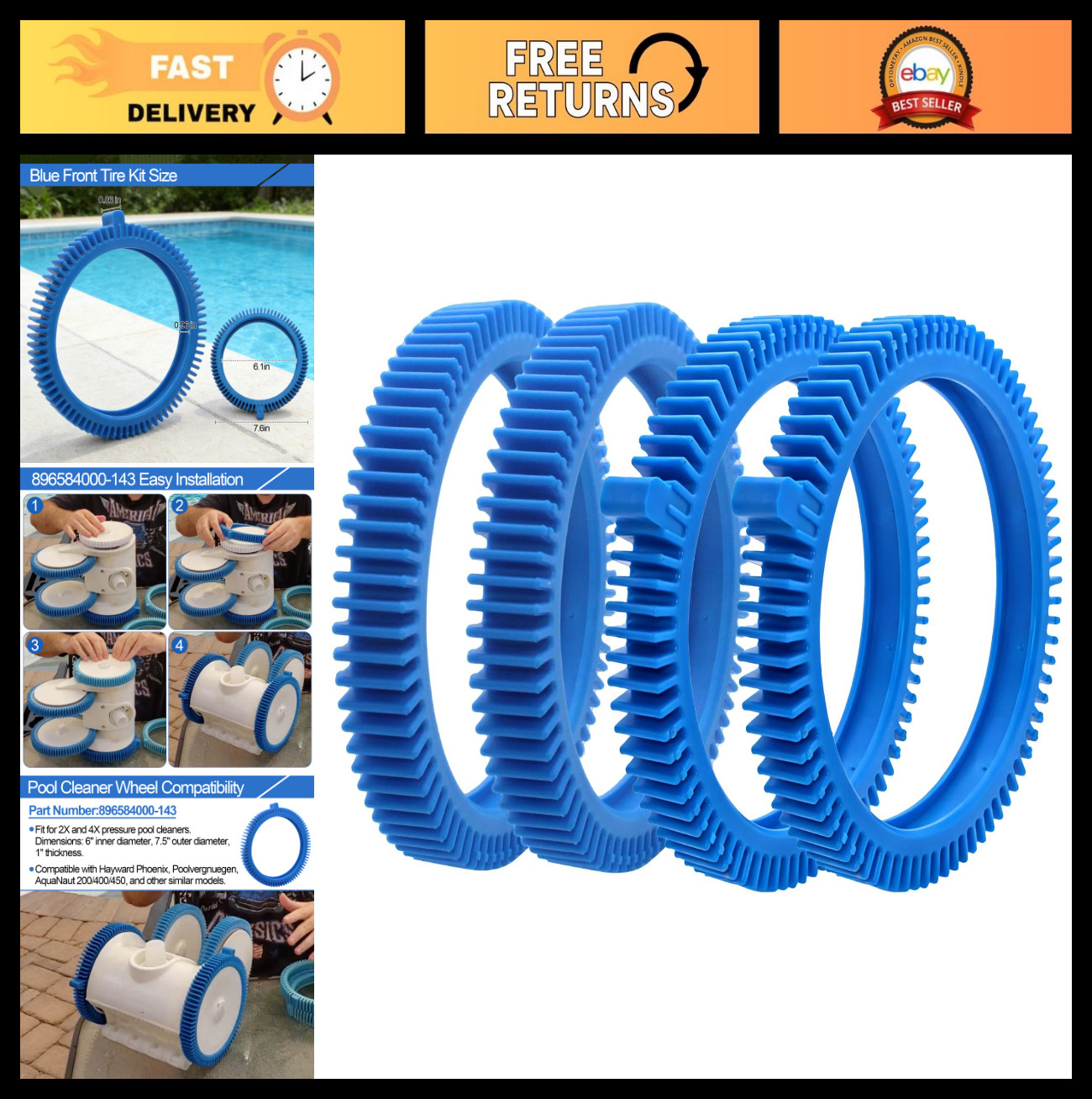 Pool Cleaner Tire Combo Kit for Vacuums – Front & Rear Tires (2pcs Each)