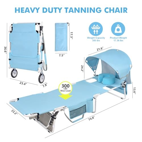 Wheel-To-Go Tanning Chair with Wheels Sun Light Blue Standard Size + Sun Canopy