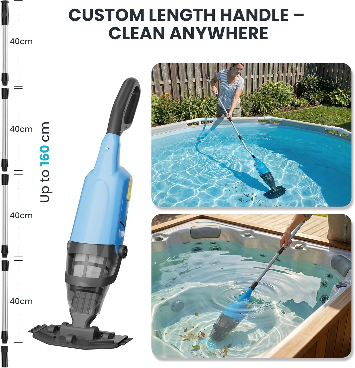 Cordless Pool Vacuum above & Inground Pools, Powerful 15GPM Suction, Handheld Po