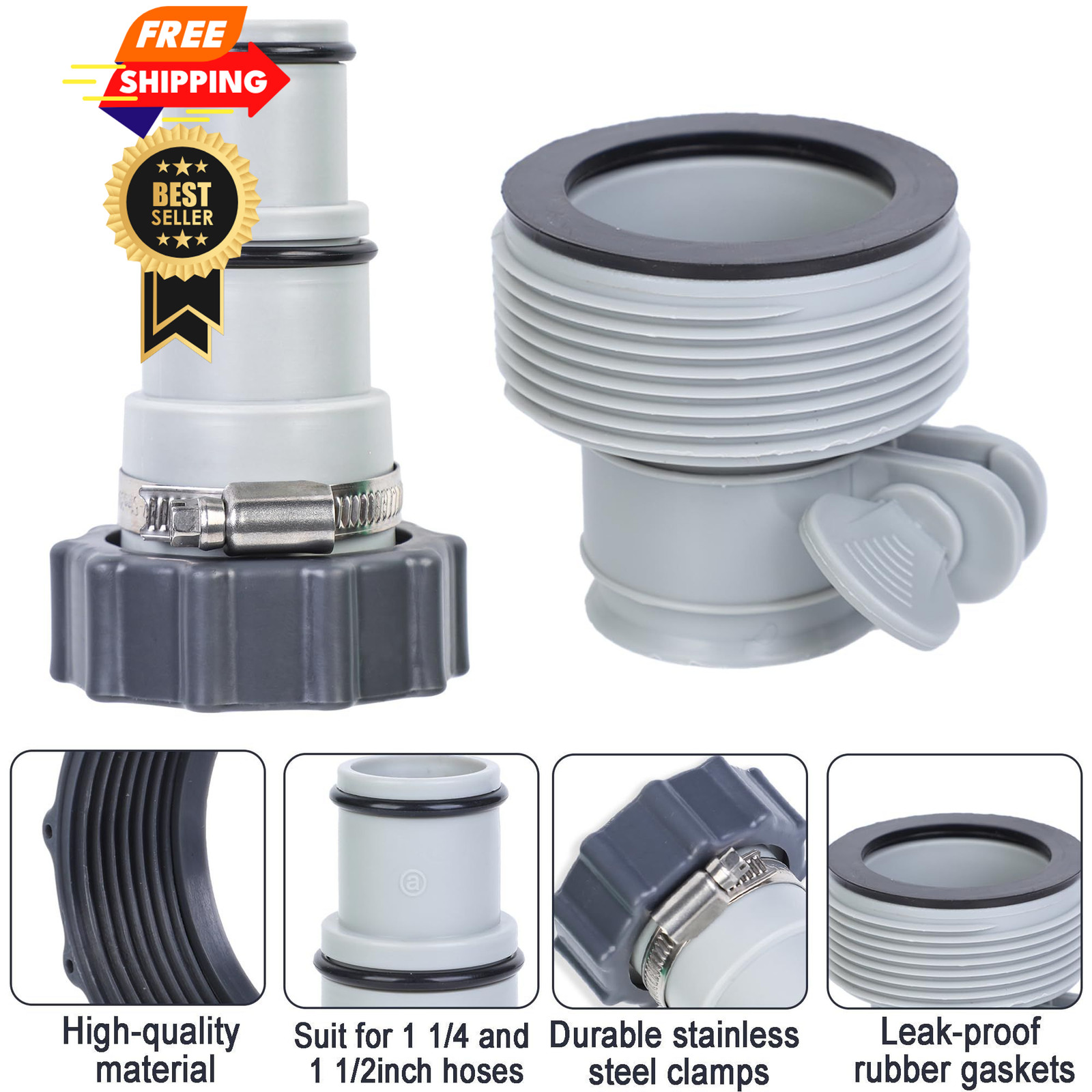 4 Pack Pool Hose Adapter with Clamp Washer 2 Types 1.5 inches, Gray
