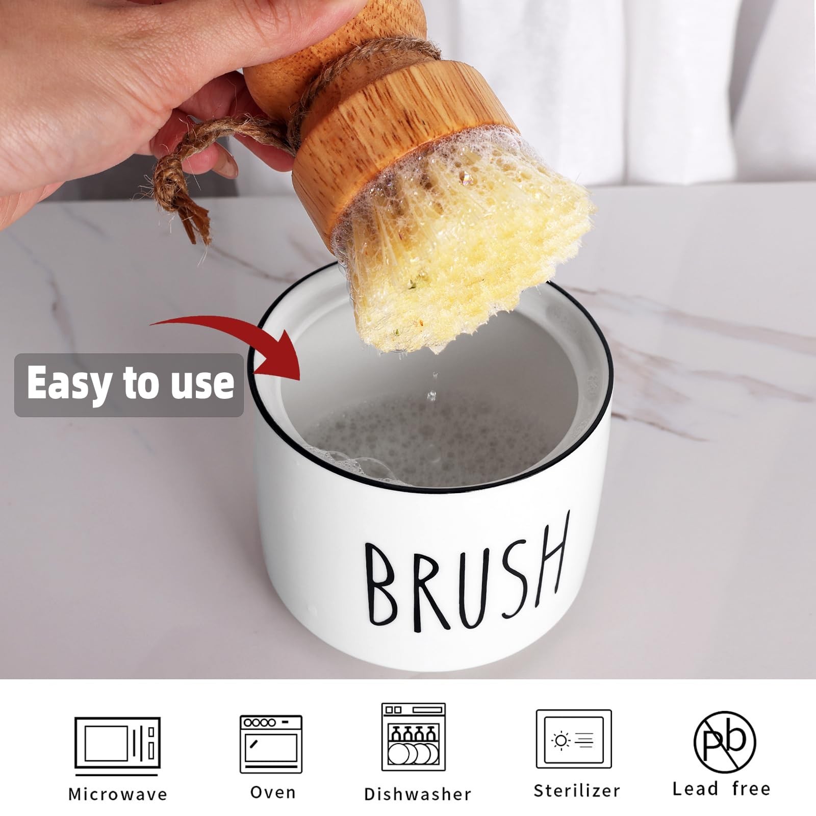 ONTUBE Ceramic Dish Brush Holder, Farmhouse Scrub Brush Holder Dishwashing Br…