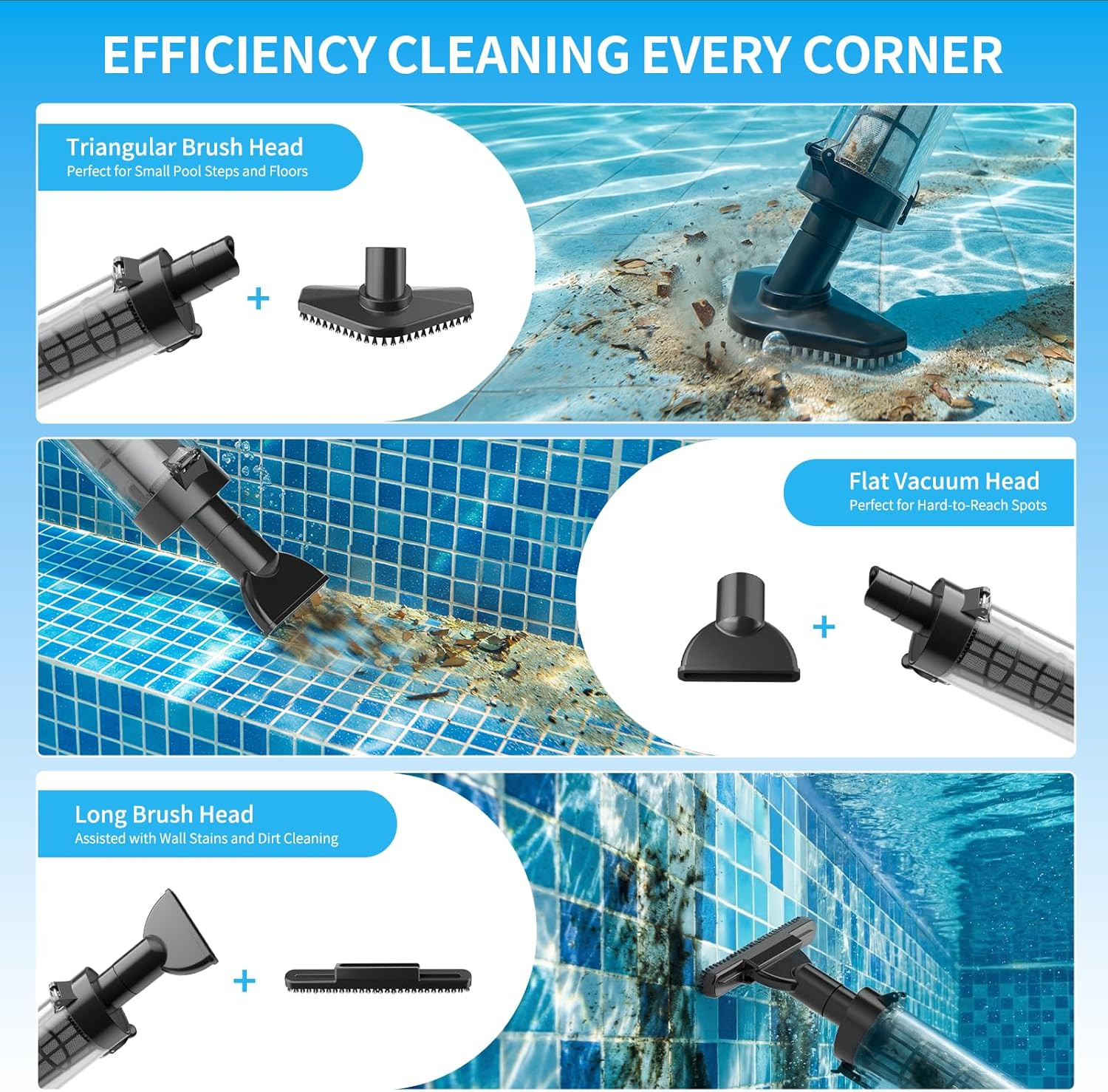 Cordless Handheld Hot Tub Vacuum with LED Light & 3 Brush Heads