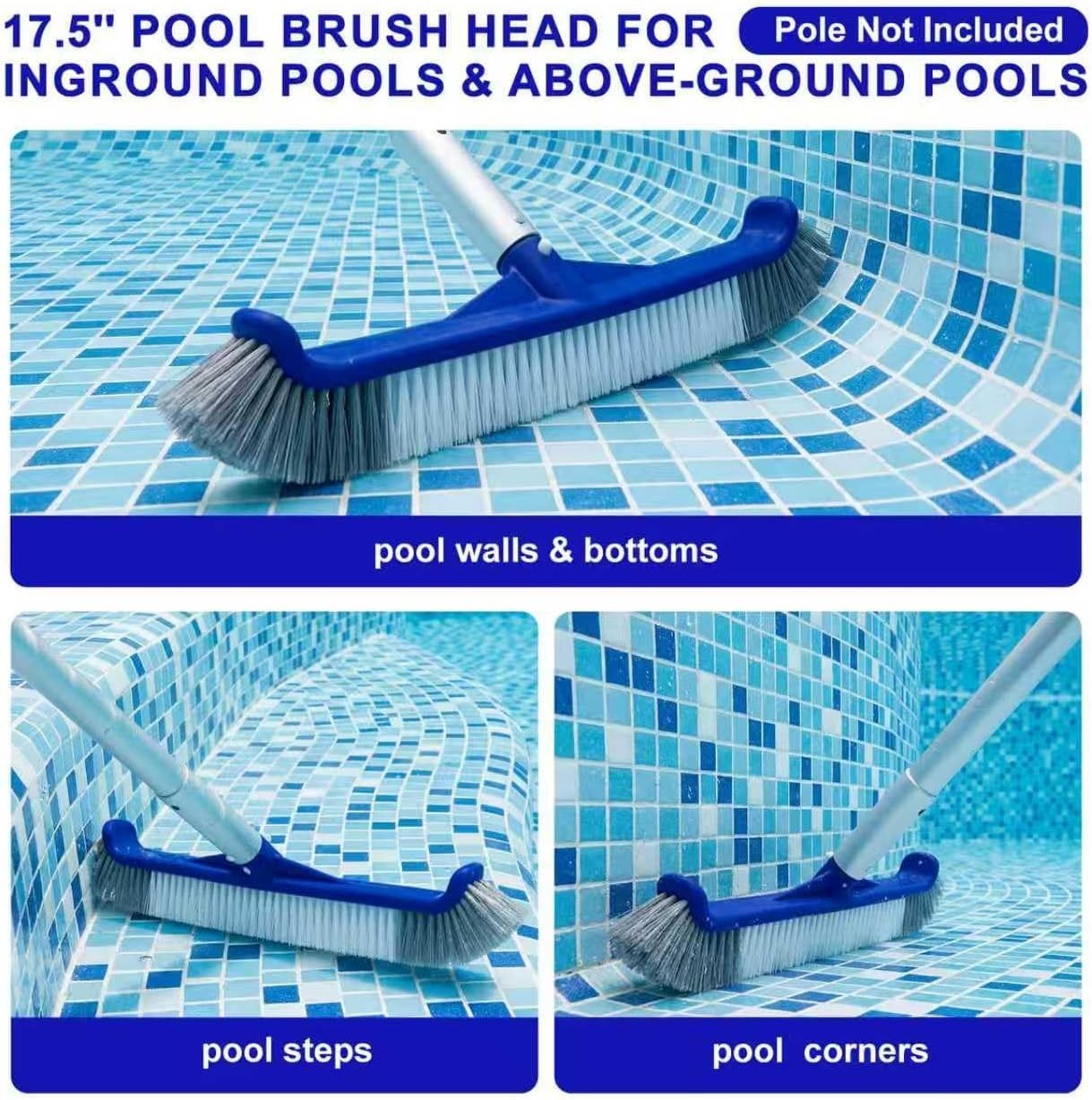 17.5&Prime; Pool Brush Head for Inground & Above-Ground Pools Wall & Floor Cleaning