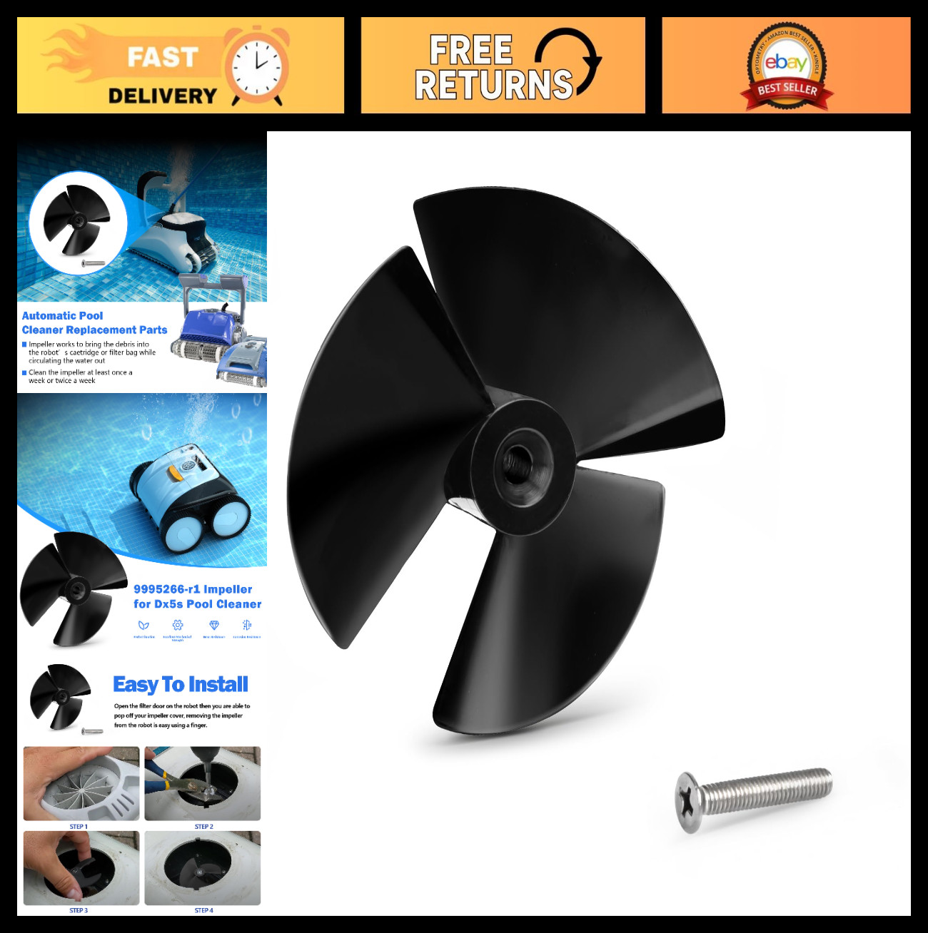 Pool Cleaner Impeller with Screw for Dolphin DX5S, Nautilus CC, Triton PS Plus