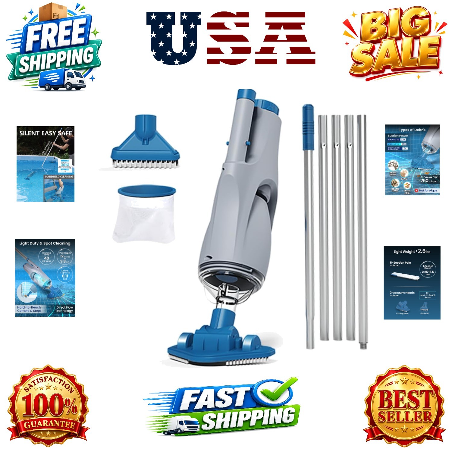 Cordless Handheld Pool Vacuum for Above Ground Pool, with 6ft Pole and 2 Vac …