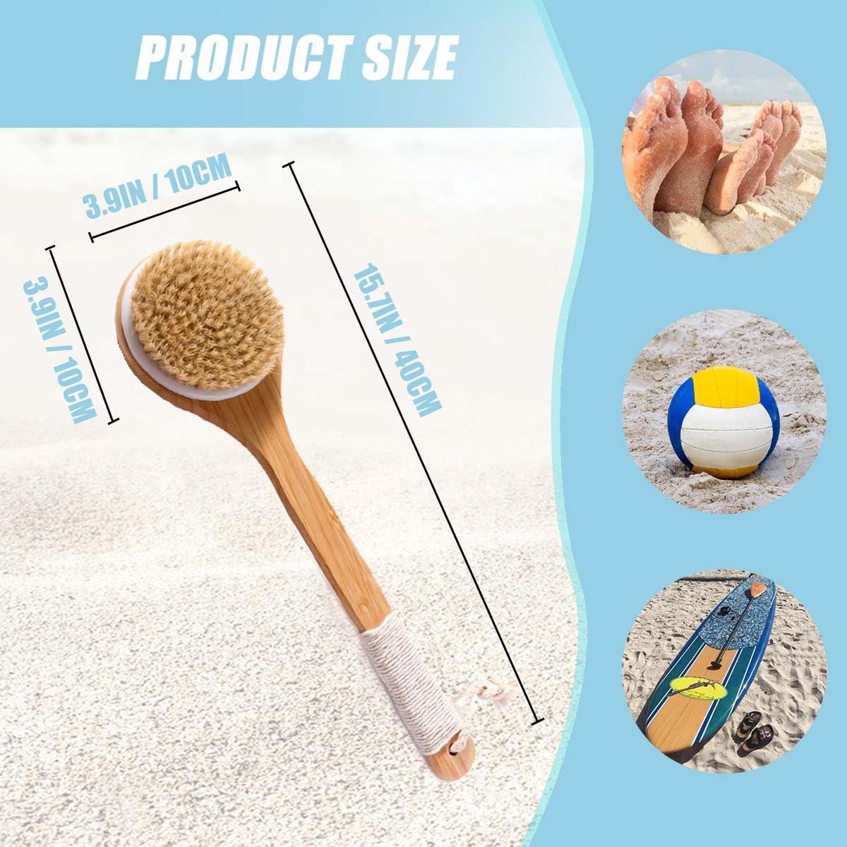 Long Handle Bamboo Body Brush, Soft Bristles for Shower Back & Feet, Beach Sa…