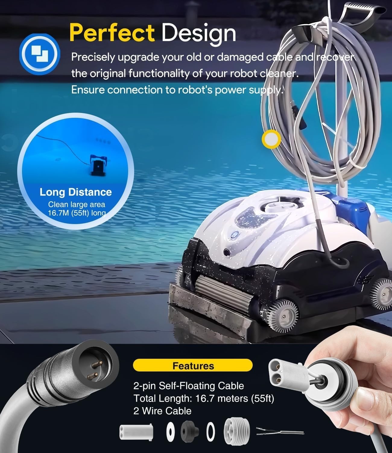 RCX50061 Floating Power Cord Assembly for Hayward Tigershark QC Robotic Cleaner