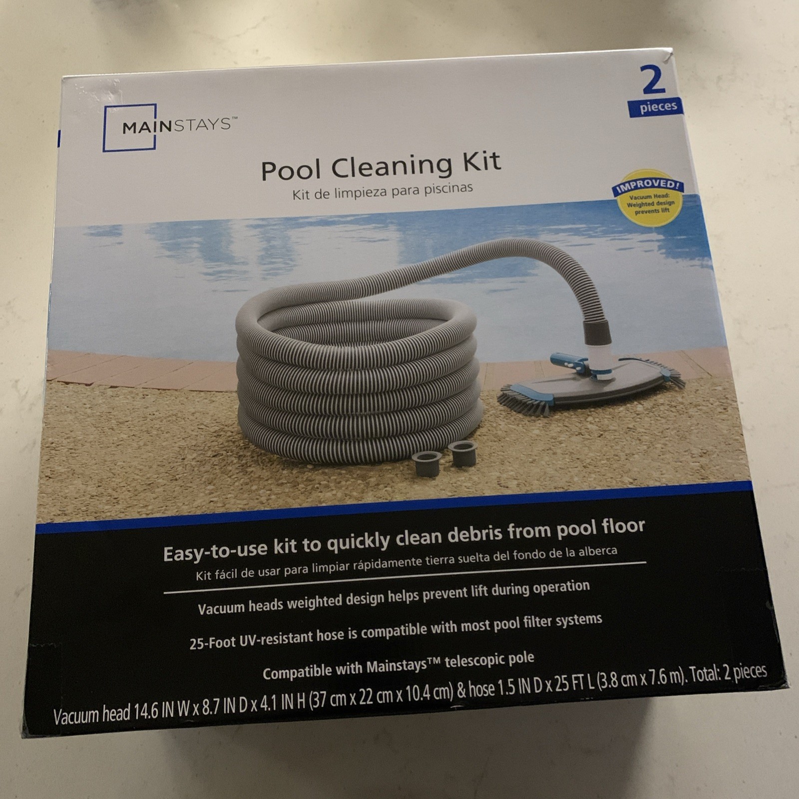 Mainstays Pool Vacuum Kit 2-Piece 25ft UV-Resistant Hose+Swivel Head 1.25&Prime;/1.5&Prime;
