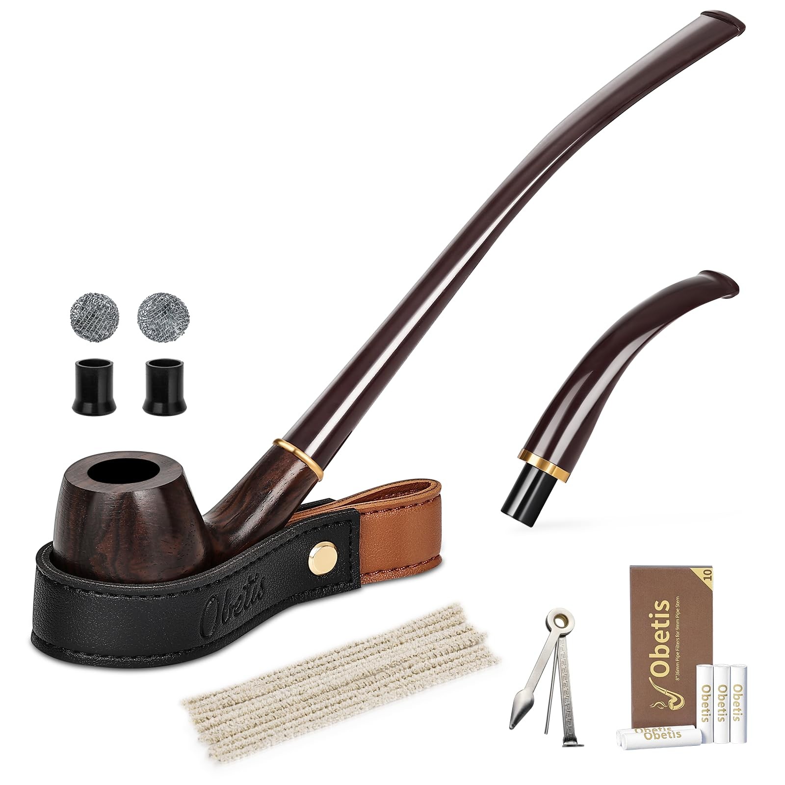 Obetis Ebony Tobacco Pipe Set – Handcrafted Bent Stem Wood with Brown