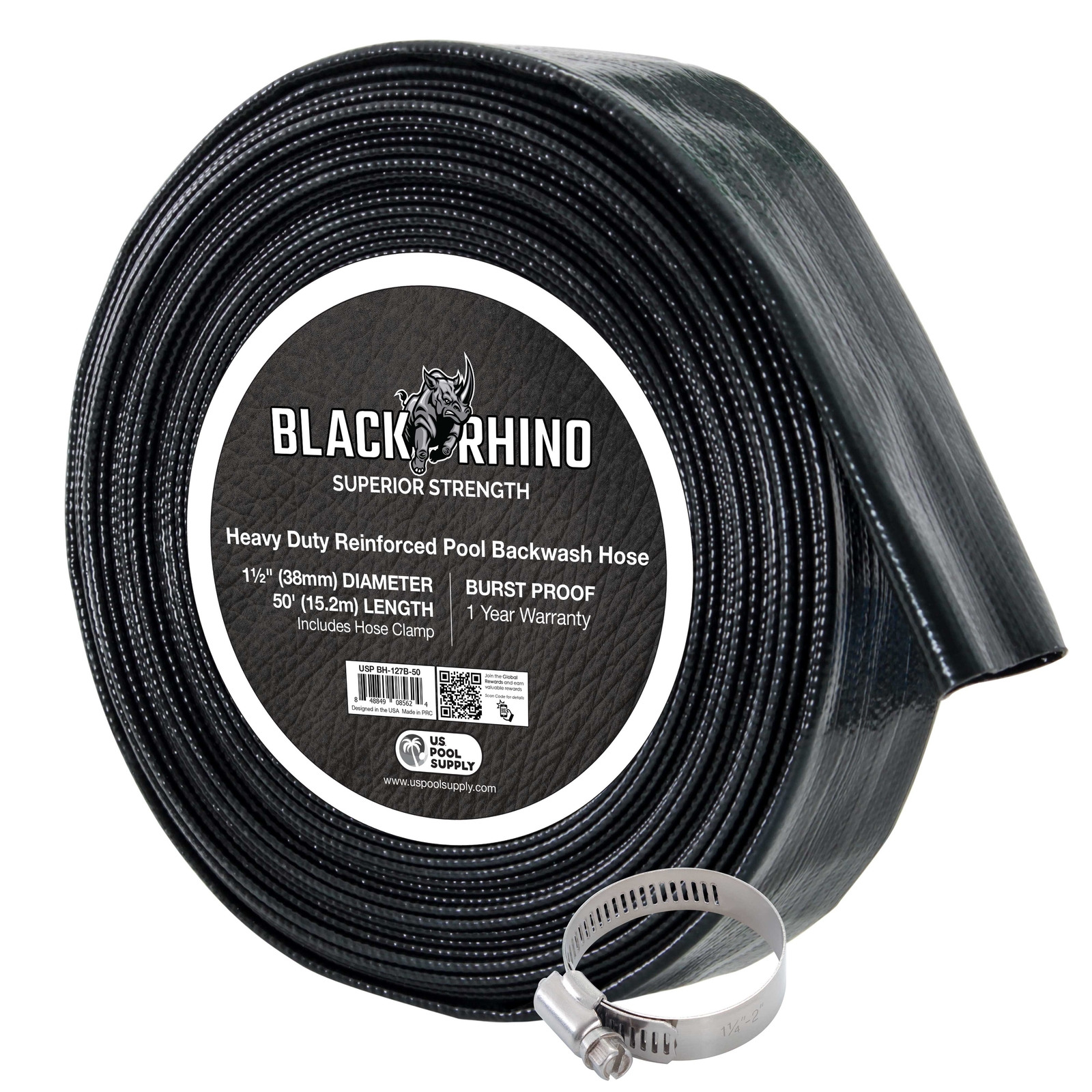 U.S. Pool Supply Black Rhino 1-1/2&Prime; x 50&prime; Pool Backwash Hose with Hose Clamp