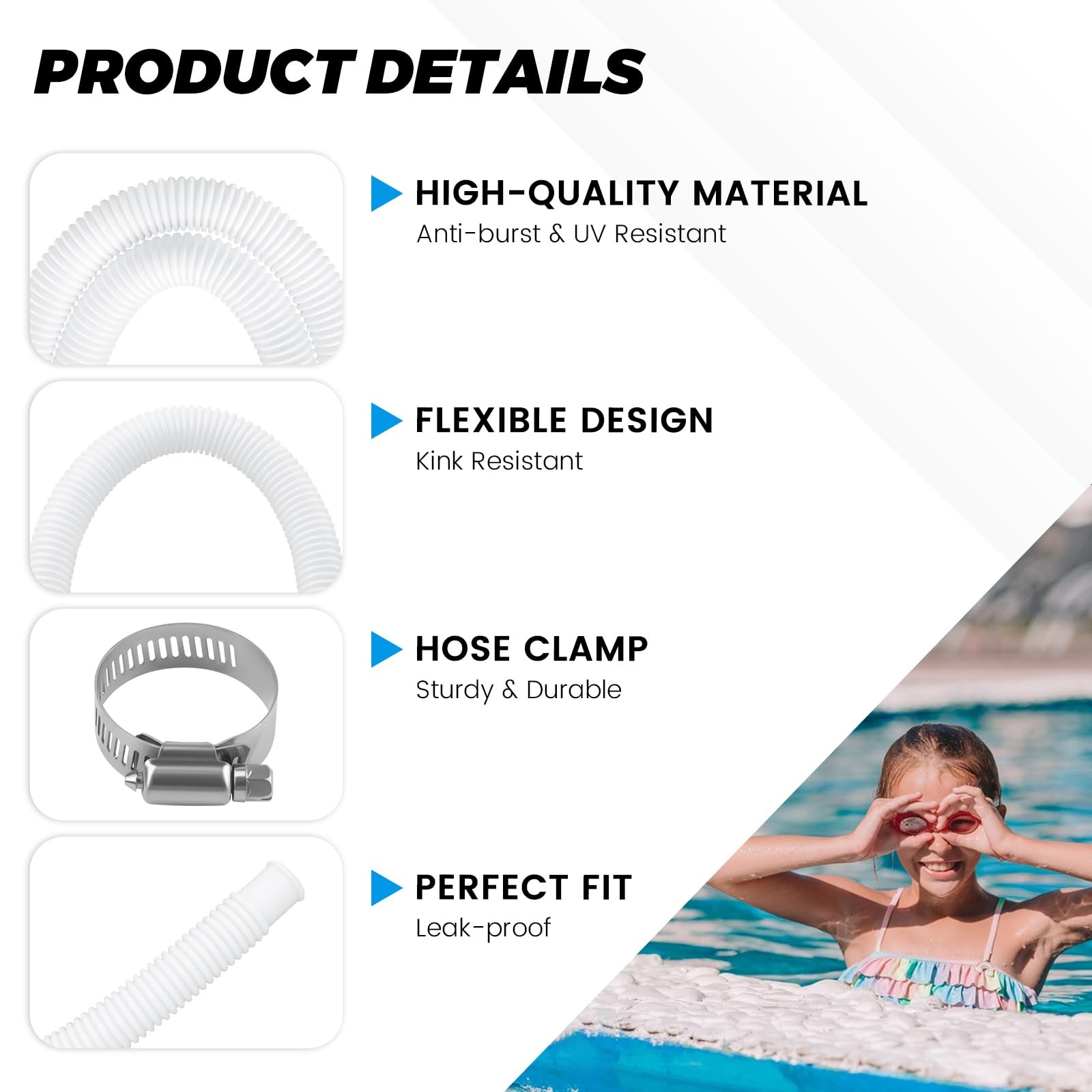 Beaquicy Pool Hoses for Above Ground Pools 1.25 inches x 59 inches, White