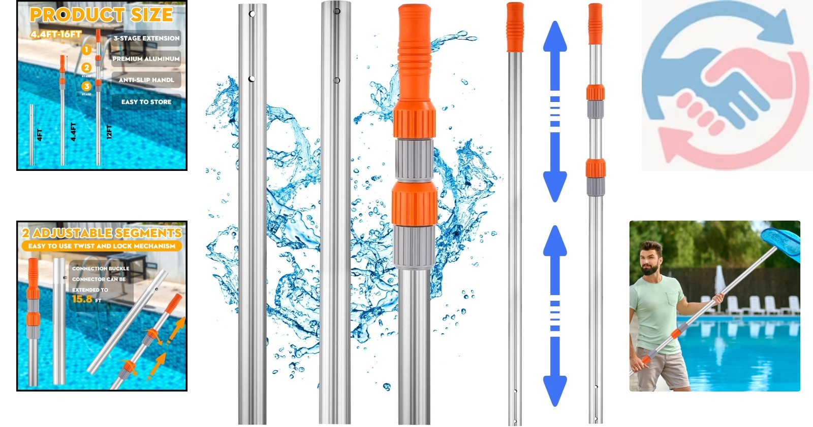 Universal Fit 16 ft Telescopic Pool Pole – Lightweight and Durable Cleaning Tool