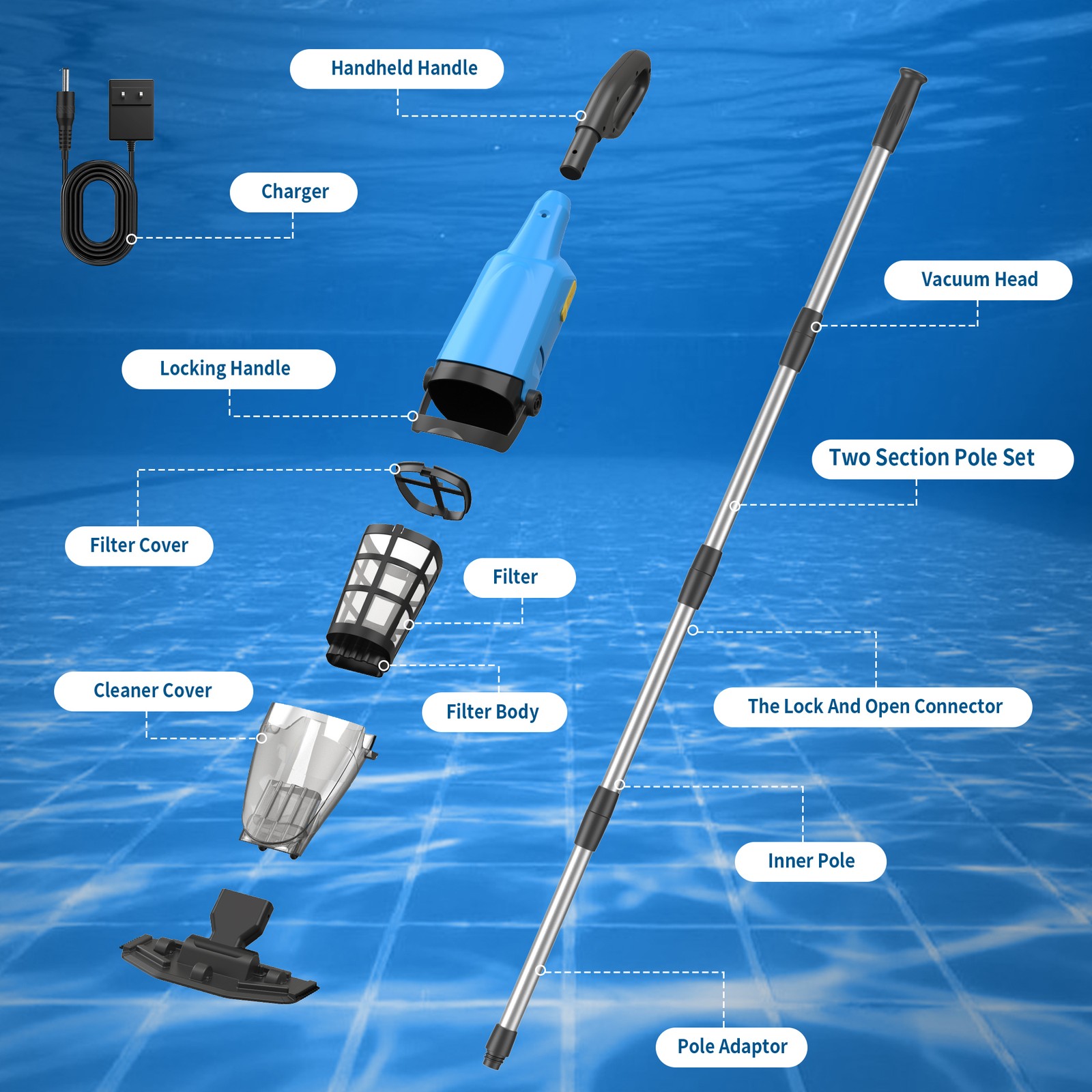 Powered Cordless Handheld Pool Vacuum, Rechargeable Pool Cleaner 60 Mins Runtime