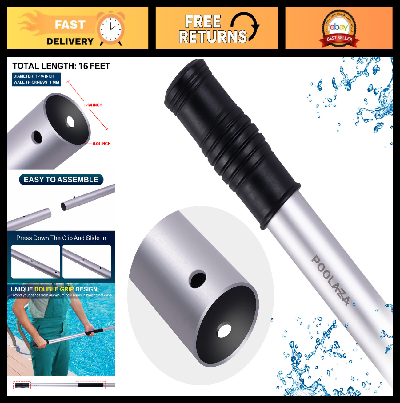 16ft Heavy Duty Detachable Pool Cleaning Pole – Anodized Aluminum, Double Grip,