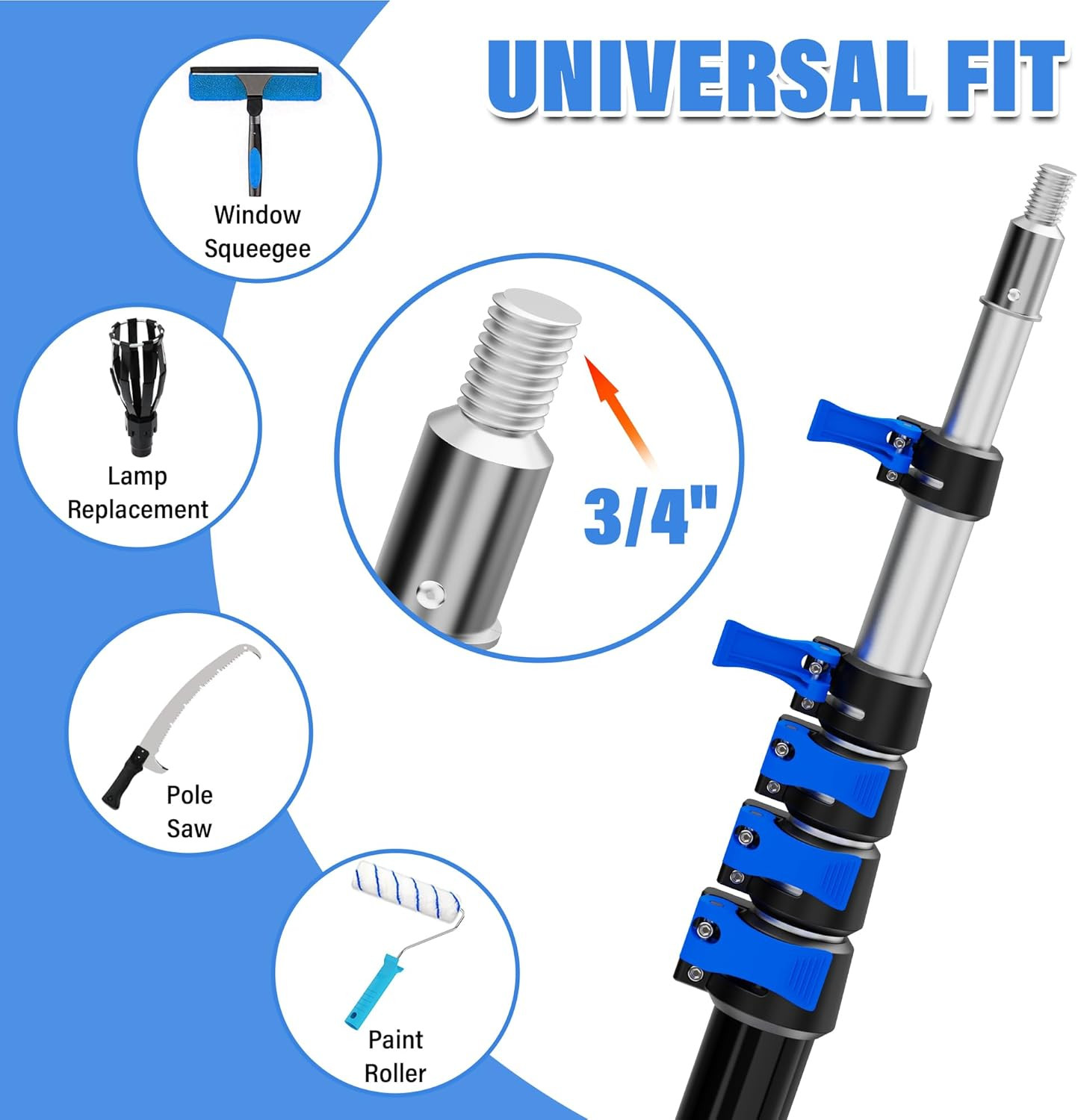 Pool Pole, 3-12FT Telescoping Swimming Pool Cleaning Pole, Upgraded Aluminum Ext