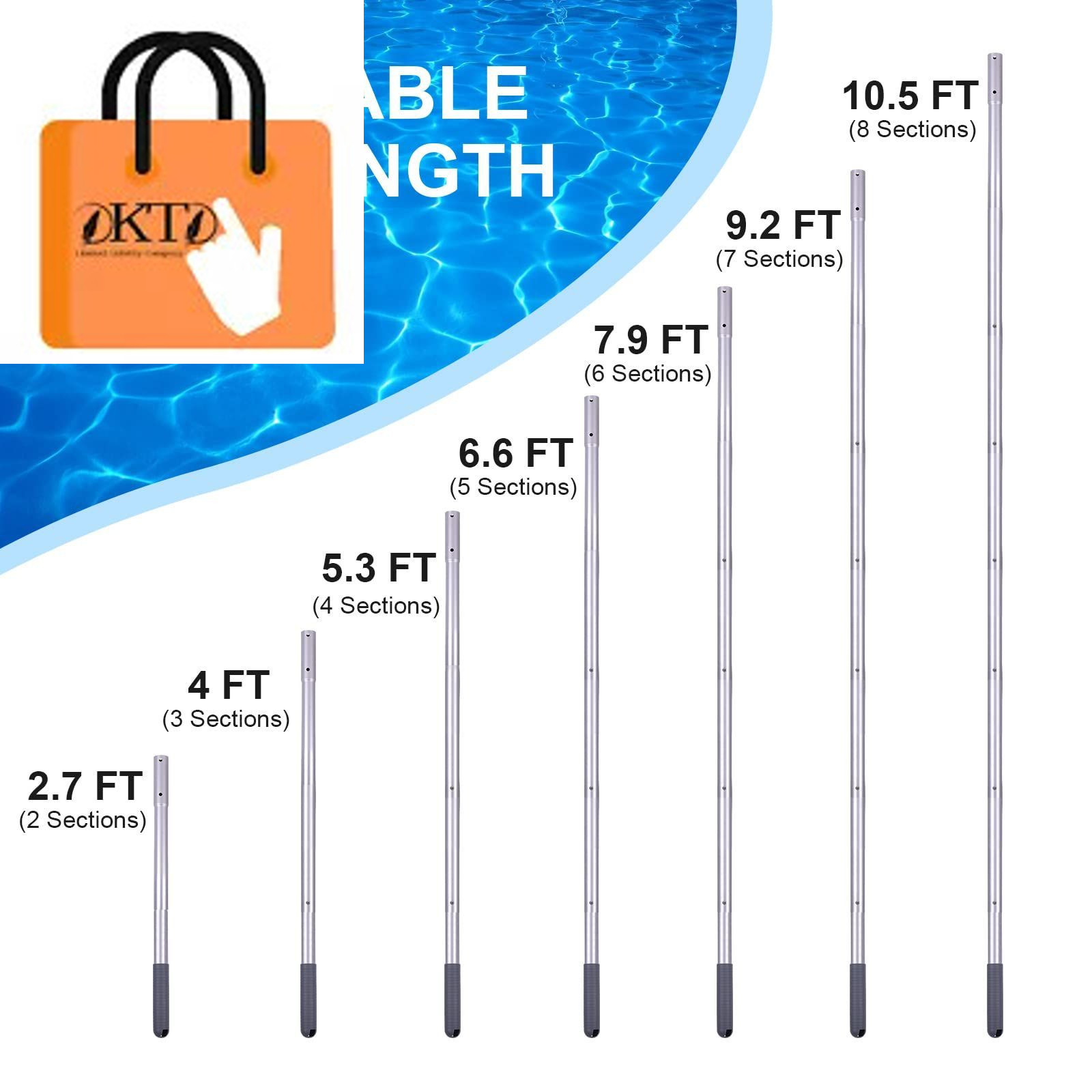 Pool Pole – 10.5 Foot Anodized Aluminum Extension Feet, Gray