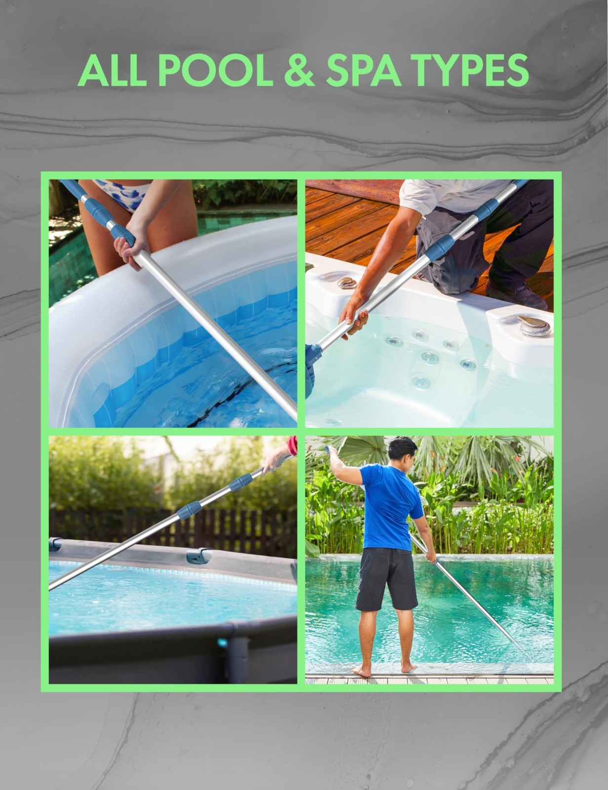 15ft Heavy Duty Telescopic Pool Pole – Adjustable Aluminum, Fits Vacuum & Net, A