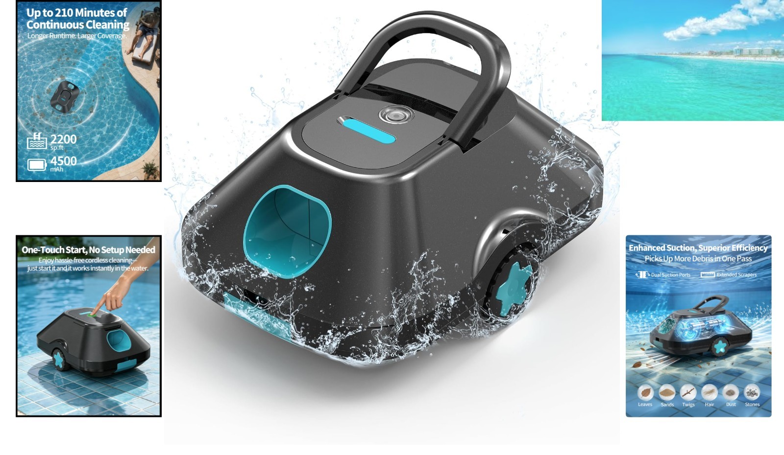 Light Teal Robotic Pool Cleaner for Above & Inground Pools – 180μm Filtration