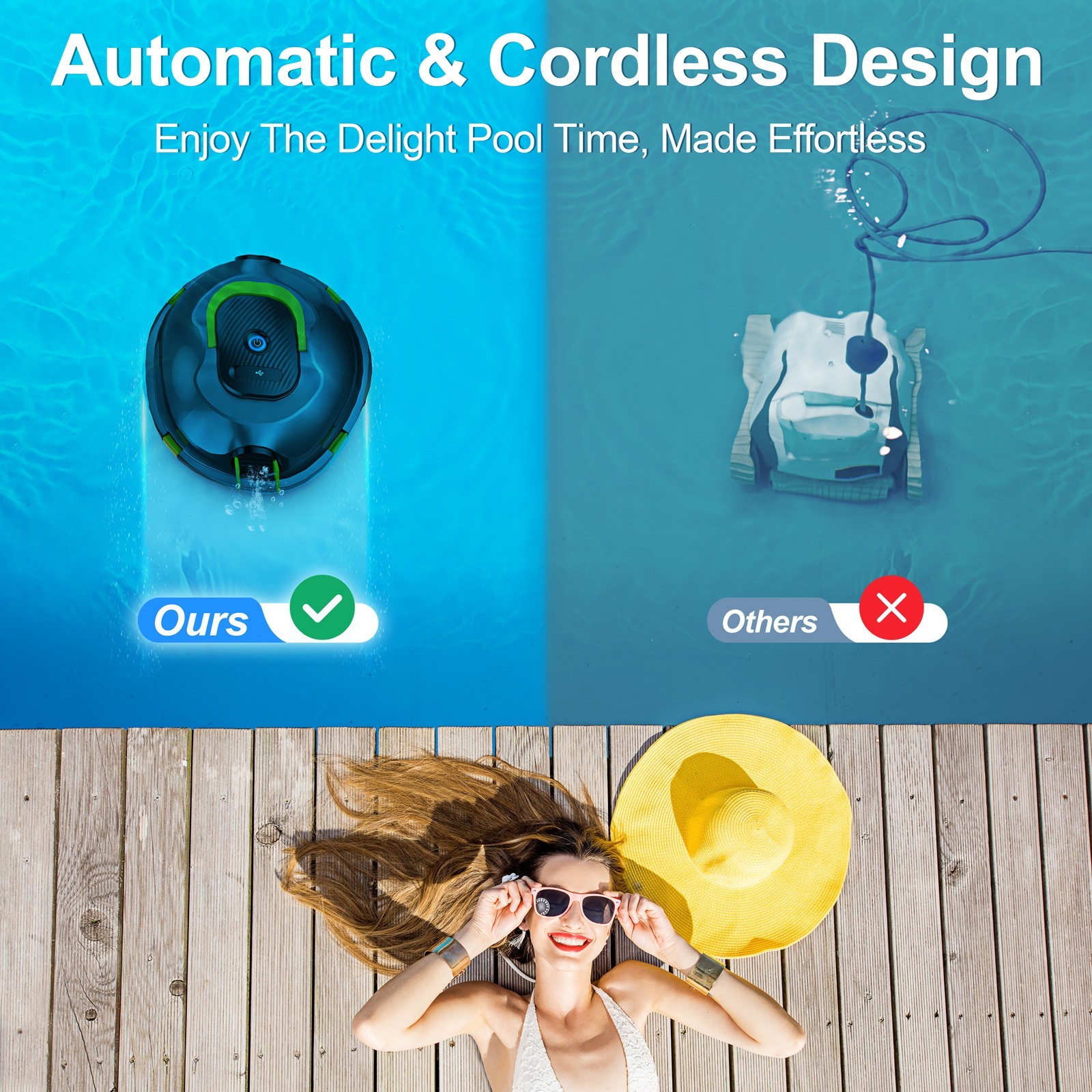 Smart Robotic Pool Cleaner with A Plastic Salvage Hook for Inground & Above pool