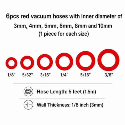 Silicone Vacuum Hose Kit 6PCS 5FT Tubing (1/8&Prime; to 5 Feet (with Connectors) Red